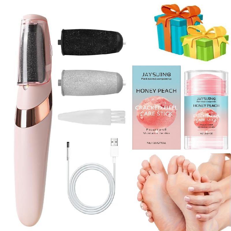 Electric Exfoliating Callus Remover Set with Peach Heel Cracked Care Stick, Home Use, Easy Peeling Dead Skin, Smooth Crack-Free Heels, Unisex