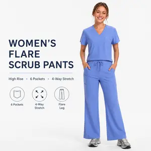 VECARDI Women's High Waist Flare Scrub Pants Smooth Adjustable Ultra Soft Stretch Medical Uniform Workwear with Multi Pockets for Nurses Casual Wear Charcoal Gray