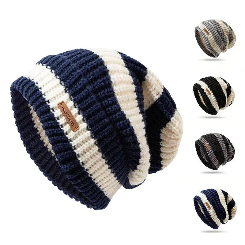 Women's Winter Crocheted Striped Slouchy Stretchy PU Beanie Hat with Ear Protection, Hats for Women