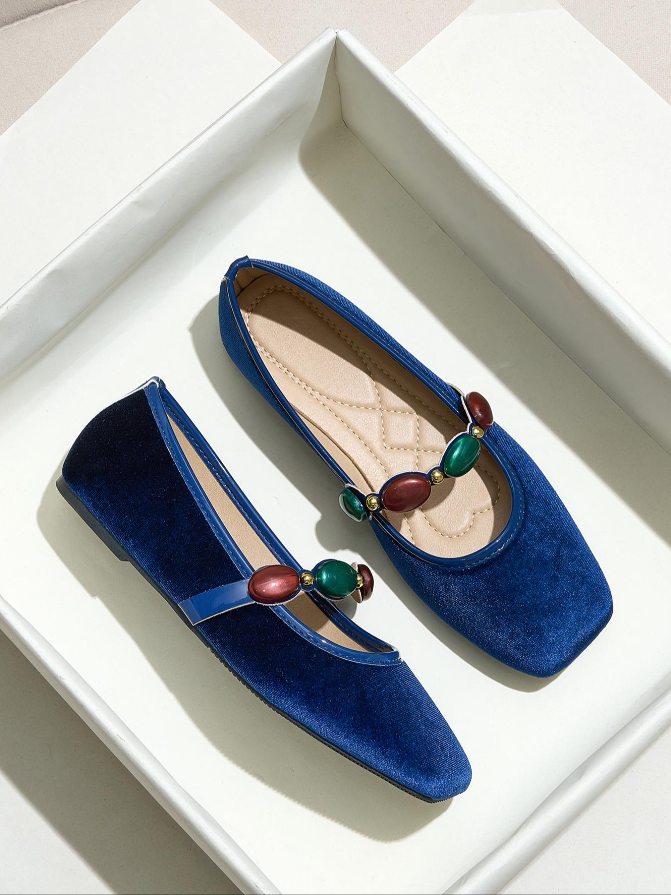 Women's Plus Size Retro Square Toe Flat Shoes Slip-On Comfortable Soft Sole Mary Jane Flats with Gem Decoration Casual Commuter Shoes All Seasons Footwear