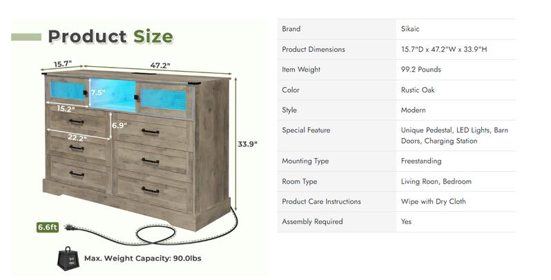 Sikaic 6 Drawers LED Dresser with Outlets Rustic Wood Top Cabinets