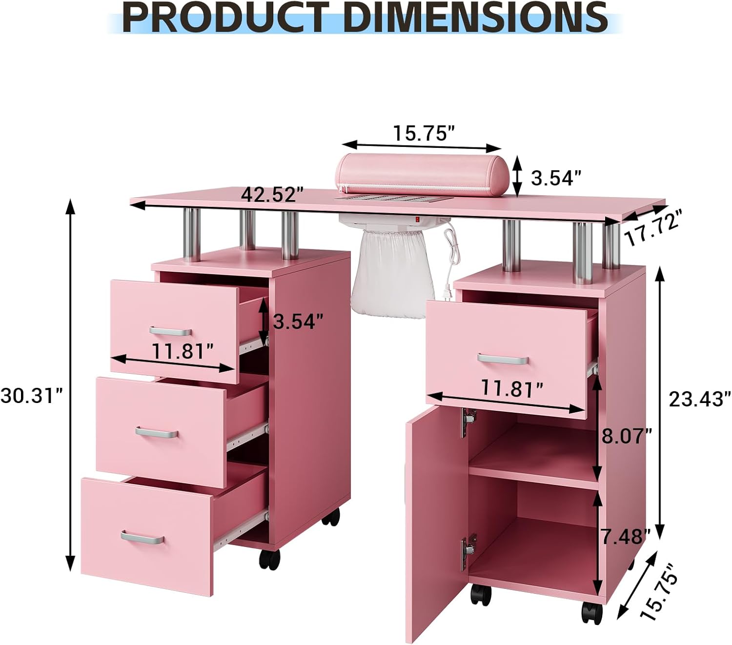 Professional Nail Desk with Electric Dust Collector, Nail Tech Table for Salon & Home Use, 4 Drawers Storage Cabinet, Lockable Wheels & Arm Rest Professional Nail Desk with Electric Dust Collector, Nail Tech Table for Salon & Home Use, 4 Drawers Storage Cabinet, Lockable Wheels & Arm Rest
