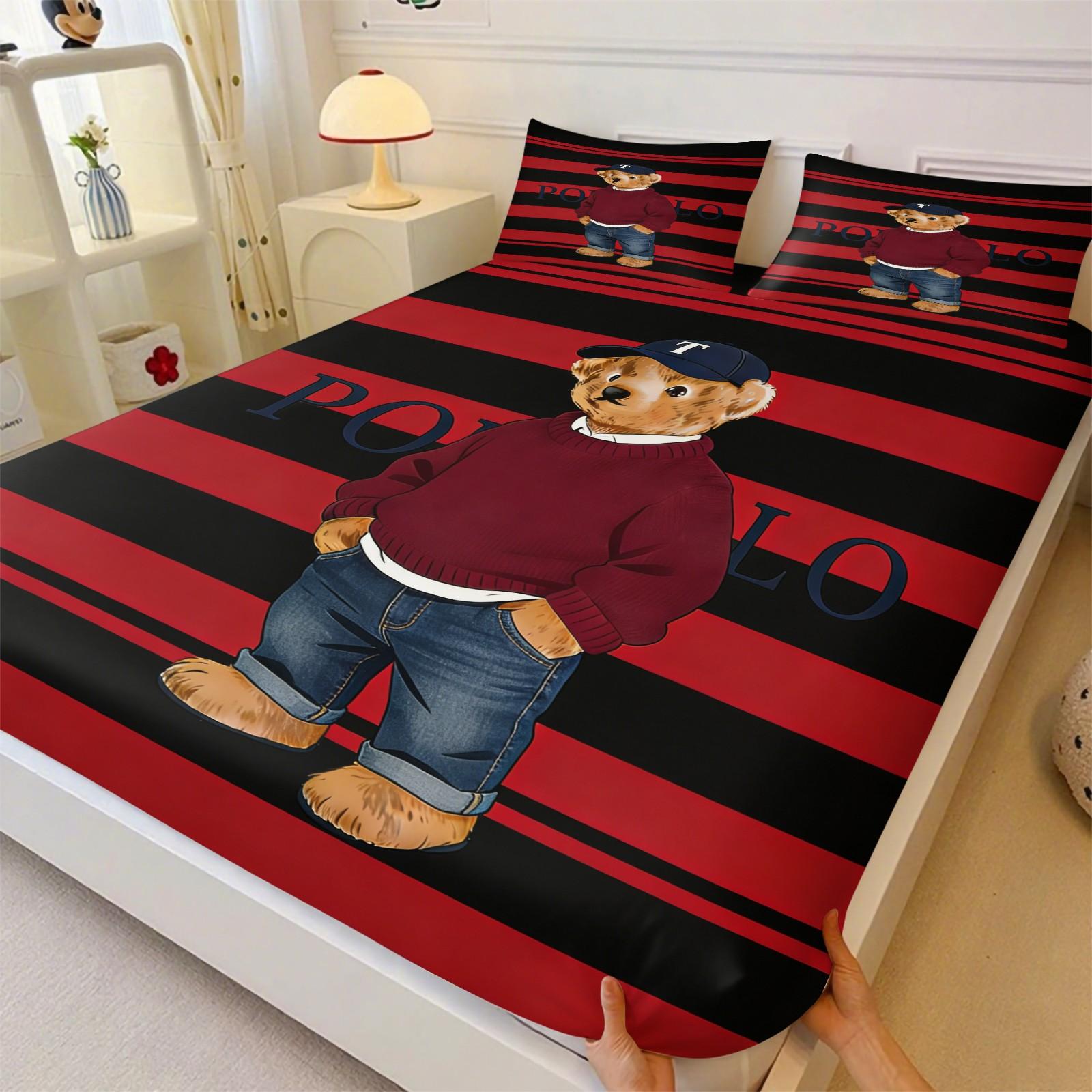 Teddy Bear Pattern Bed Sheet, Comfortable Printed Pattern, Includes 1 Bed Sheet and 2 Pillowcases, Comfortable Bedding, Non slip Dust Cover Suitable for Bedroom and Guest Room, Suitable as a Gift for Children or Adults