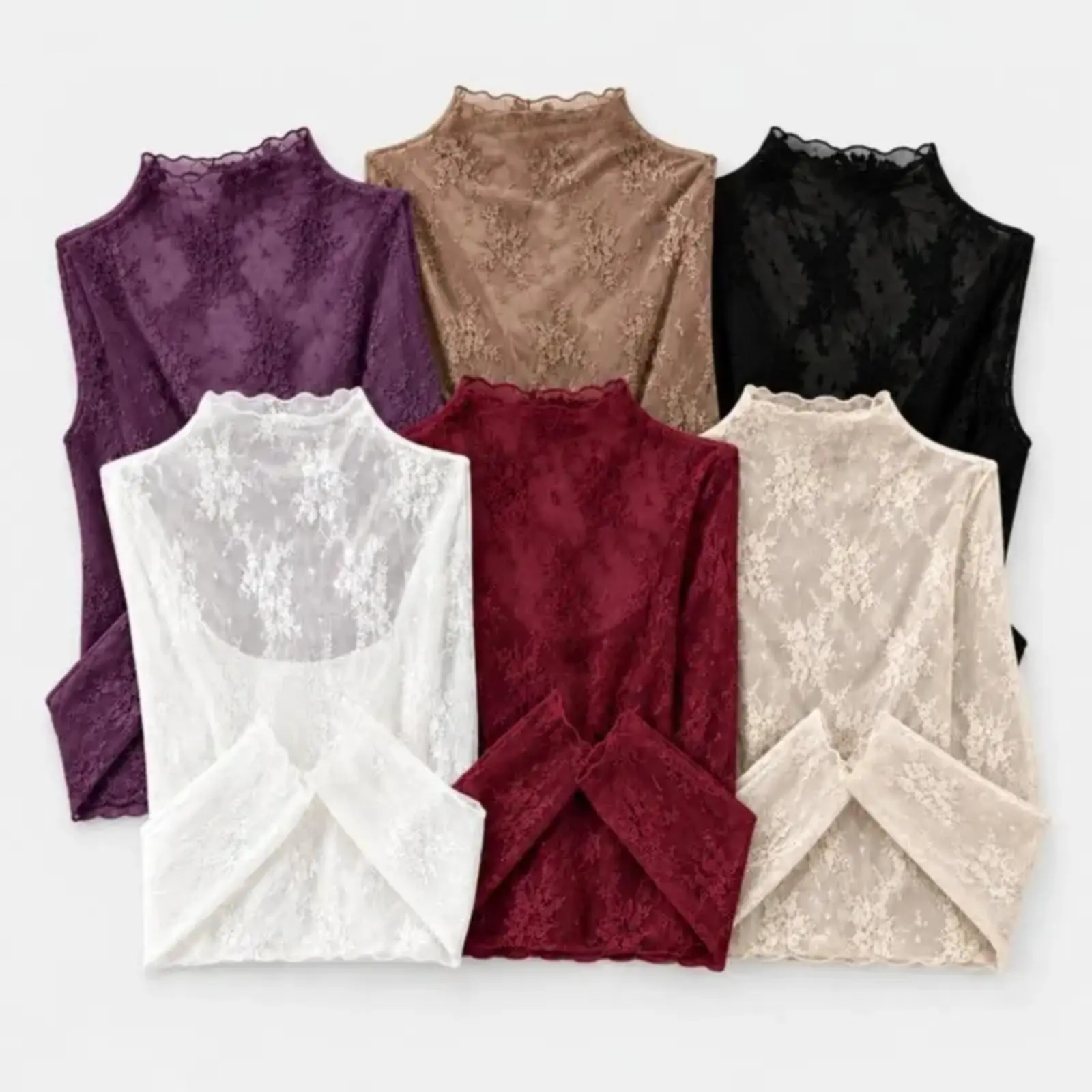 Women's 6-Pack Floral Lace Long Sleeve Tops, Stretchy Lightweight Layering Shirts, Soft Breathable Slim Fit Innerwear for Spring and Fall, Casual Everyday Wear, School, Outdoor Activities and Gift Ideas