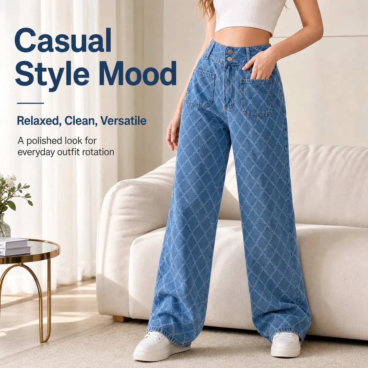 Women Diamond Jacquard Wide Leg Denim Pants, Double Button Front Patch Pocket Textured Loose Jeans Adjustable Blouses