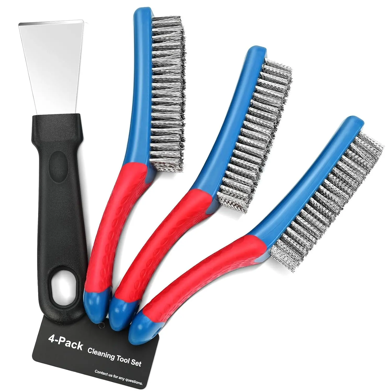 4-Pack Heavy Duty Wire Brush and Scraper Set, 3 Stainless Steel Scratch Brushes & 1 Metal Scraper for Aggressive Cleaning, Rust,  Removal, Grill, Kitchen, Auto, DIY with Non-Slip Handle