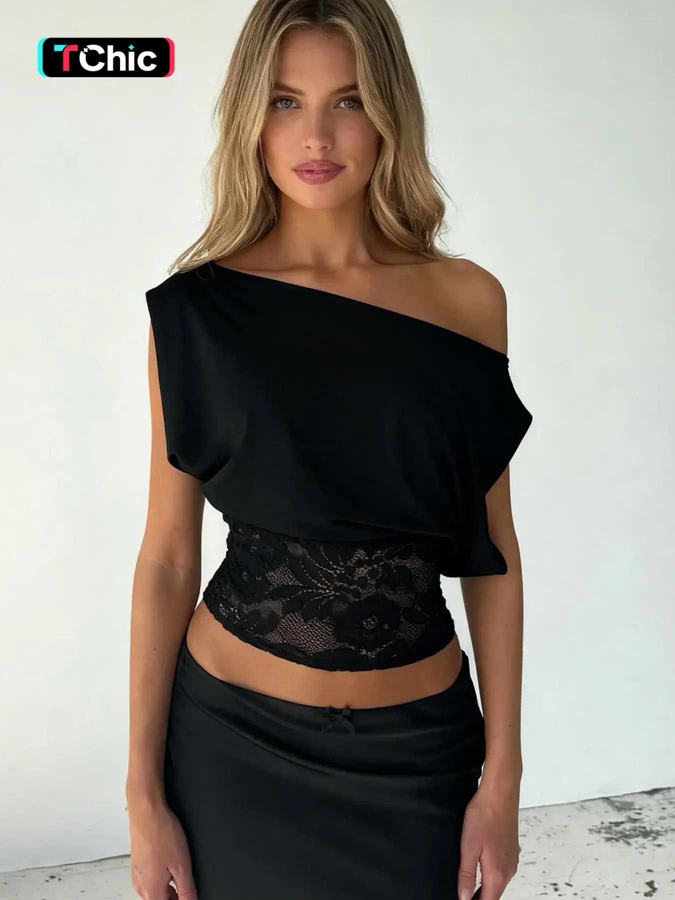 Elegant Lace Ruched Crop Top, Asymmetrical Neckline Design, Summer Street Style-Infused Women's Streetwear Basic Tee, Plain Design, Versatile Womenswear, Lady