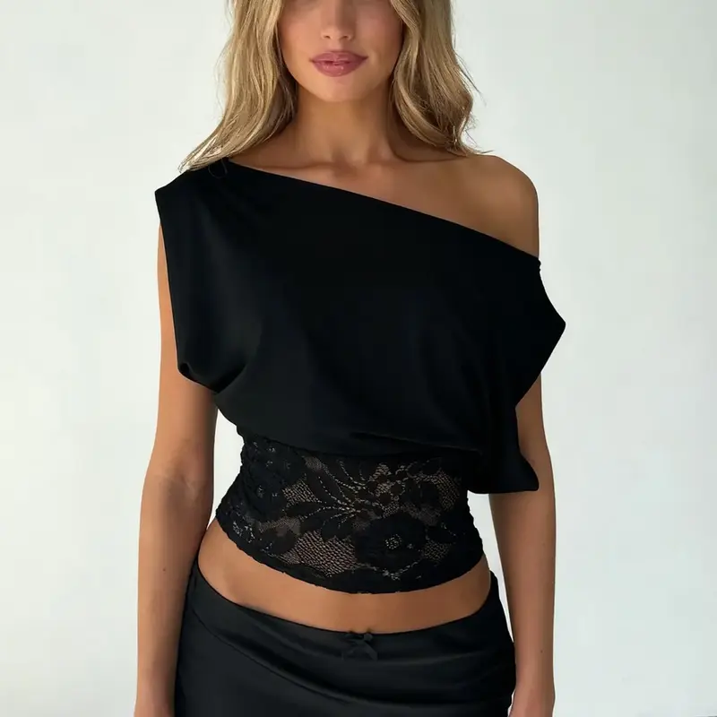 Elegant Lace Ruched Crop Top, Asymmetrical Neckline Design, Summer Street Style-Infused Women's Streetwear Basic Tee, Plain Design, Versatile Womenswear, Lady