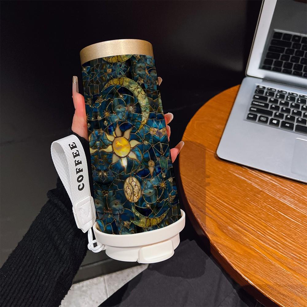 Abstract Moon Sun Coffee Cup, Portable Insulated Tumbler, Heat/cool Keeper, Boho Style, Ideal for Office, Travel, Sports, Golf