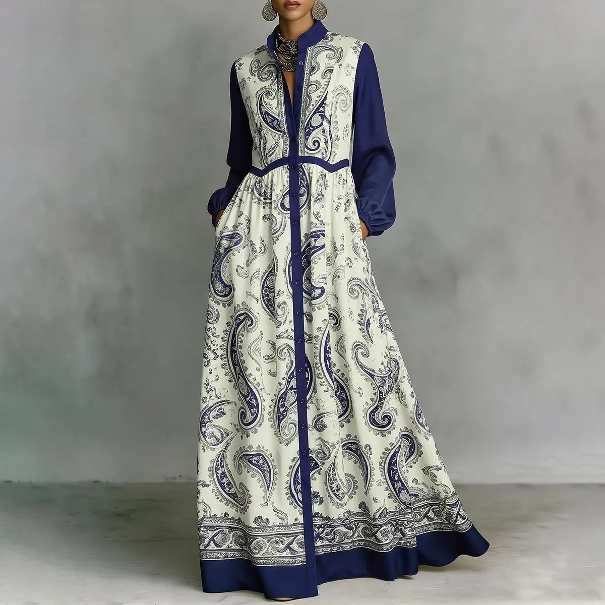 Women's Paisley Print Satin Maxi Dress – Stand Collar Button-Front Long Sleeve, Empire Waist Flowy Gown with Pockets, Modest Resort & Wedding Guest Wear
