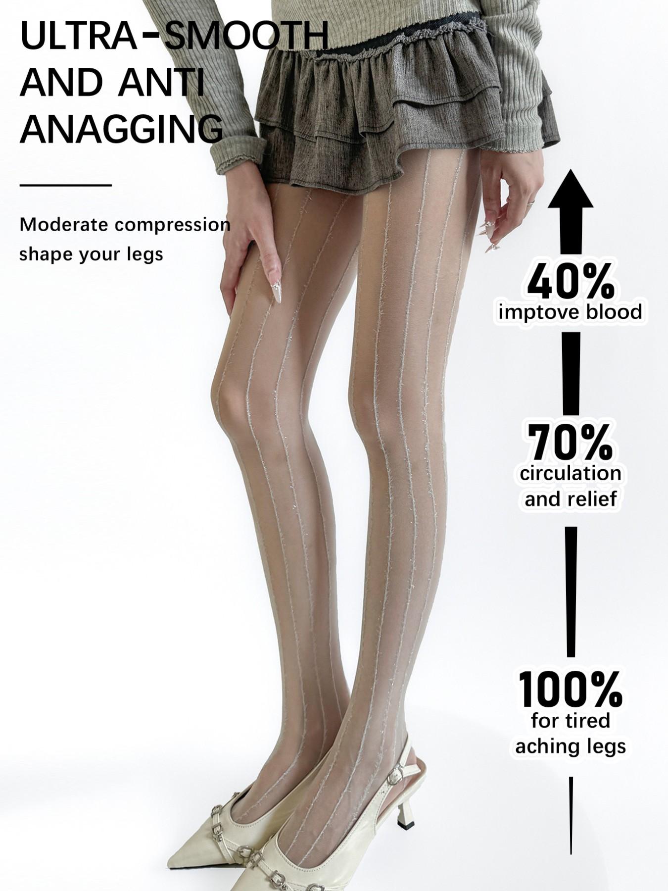 Shiny Silver Color Vertical Stripe Stockings, Slimming Mesh Underwear, Elegant Fitted Design, Women's Fashion Accessories