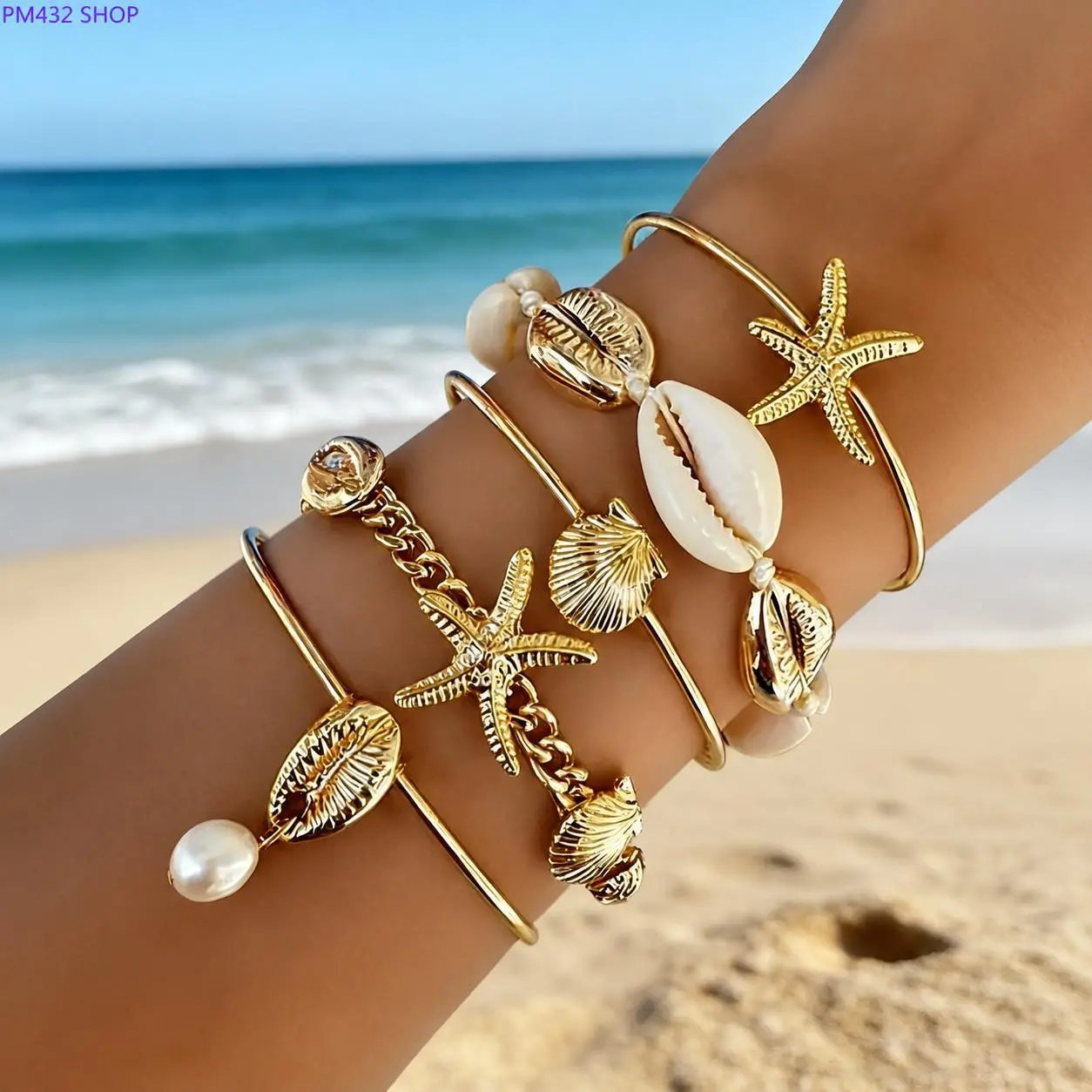5-Piece Beach Jewelry Set for Women, Starfish & Shell Necklace, Bracelet, Earrings and Ring Set, Coastal Boho Vacation Accessories