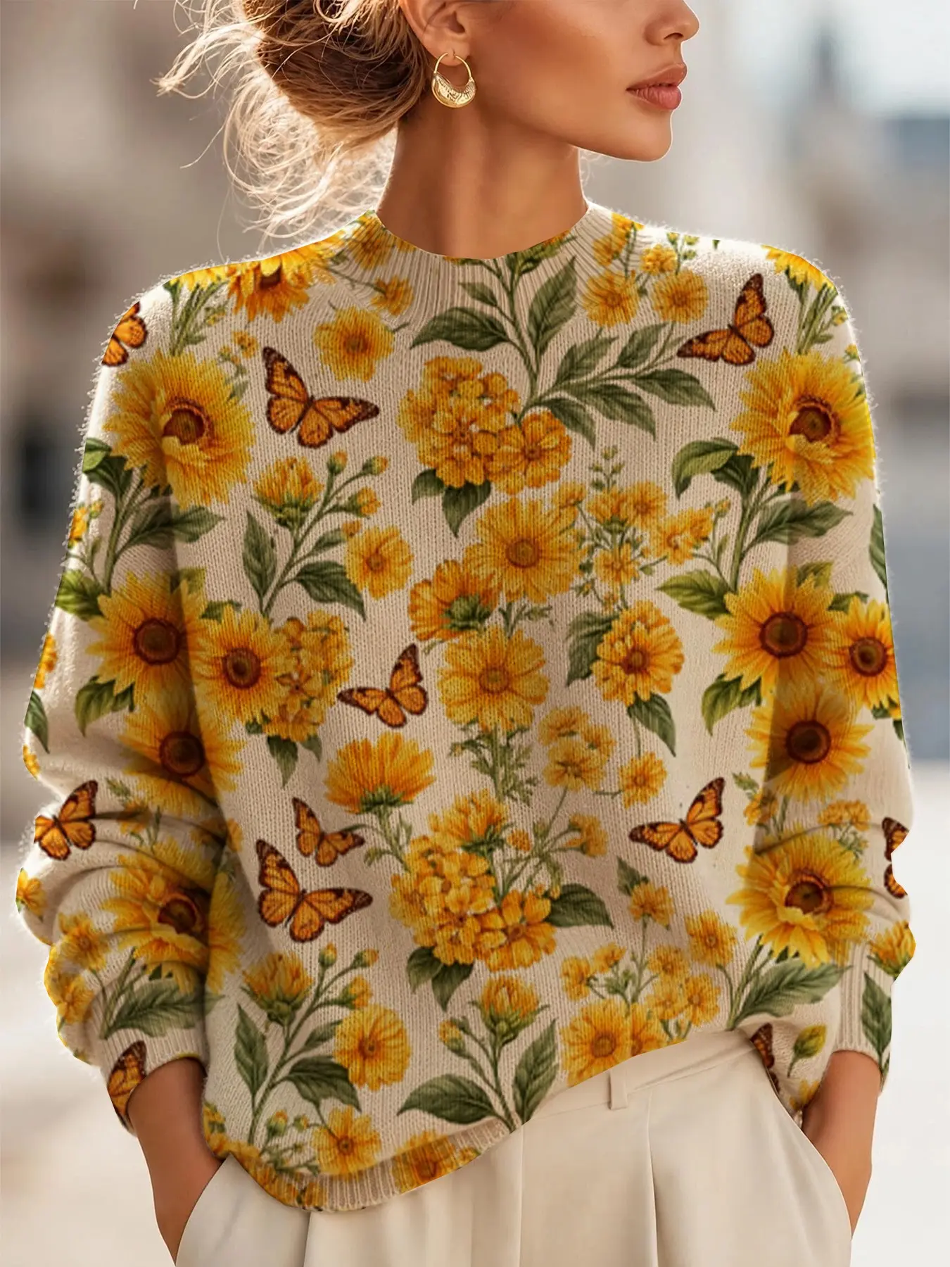 Women's New Fashion Sweater, Sunflower Flower Print Long Sleeve, Warm and Versatile, Elegant Fitted Style, All Seasons Wear