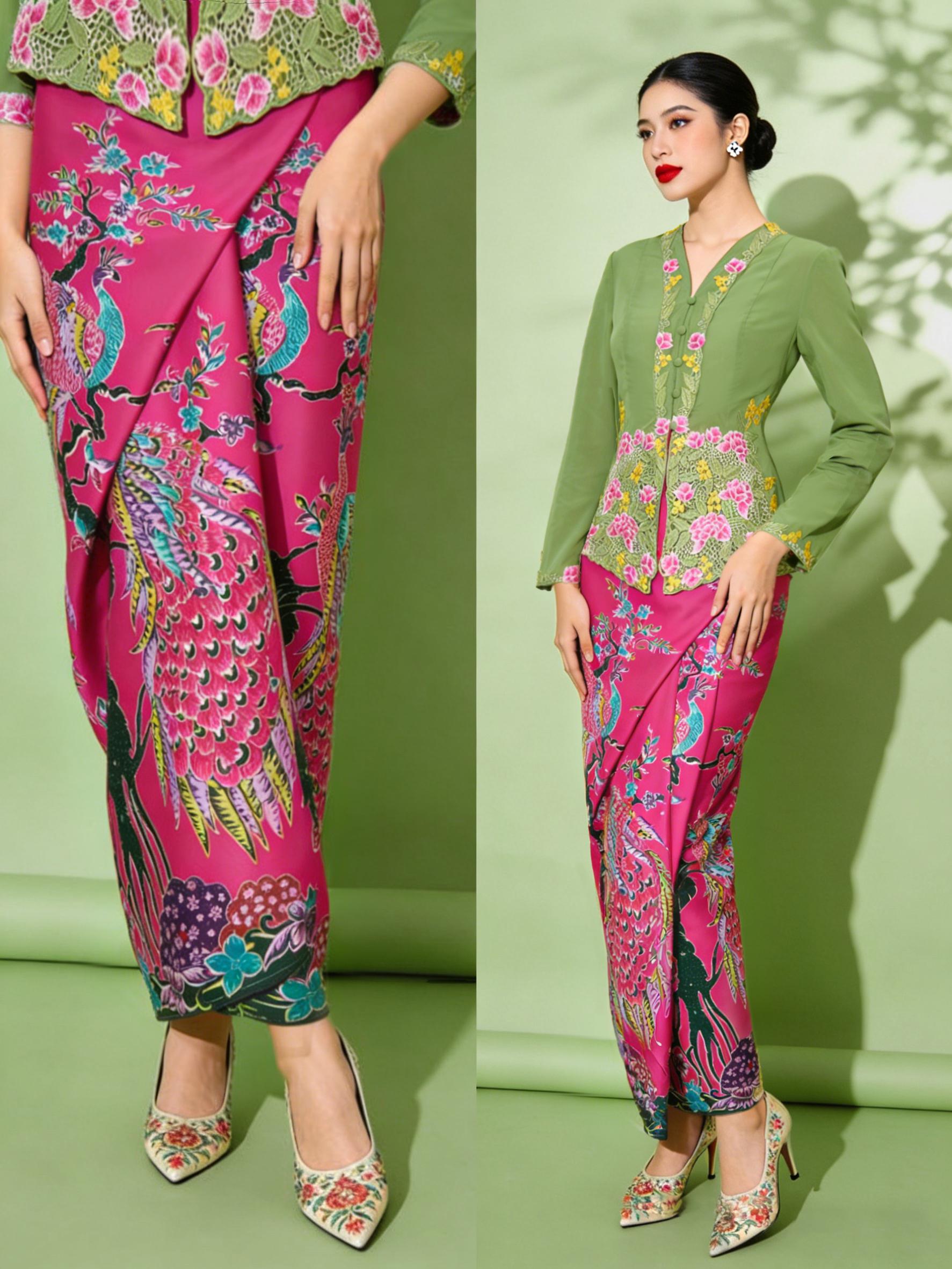 Modern kebaya, women's midi skirt, wrap dress, sarung women's style, Hari Raya Haji 2026, modern baju kurung, festive clothing, engagement festive clothing. Slim cut that accentuates the waist, suitable for women to wear.