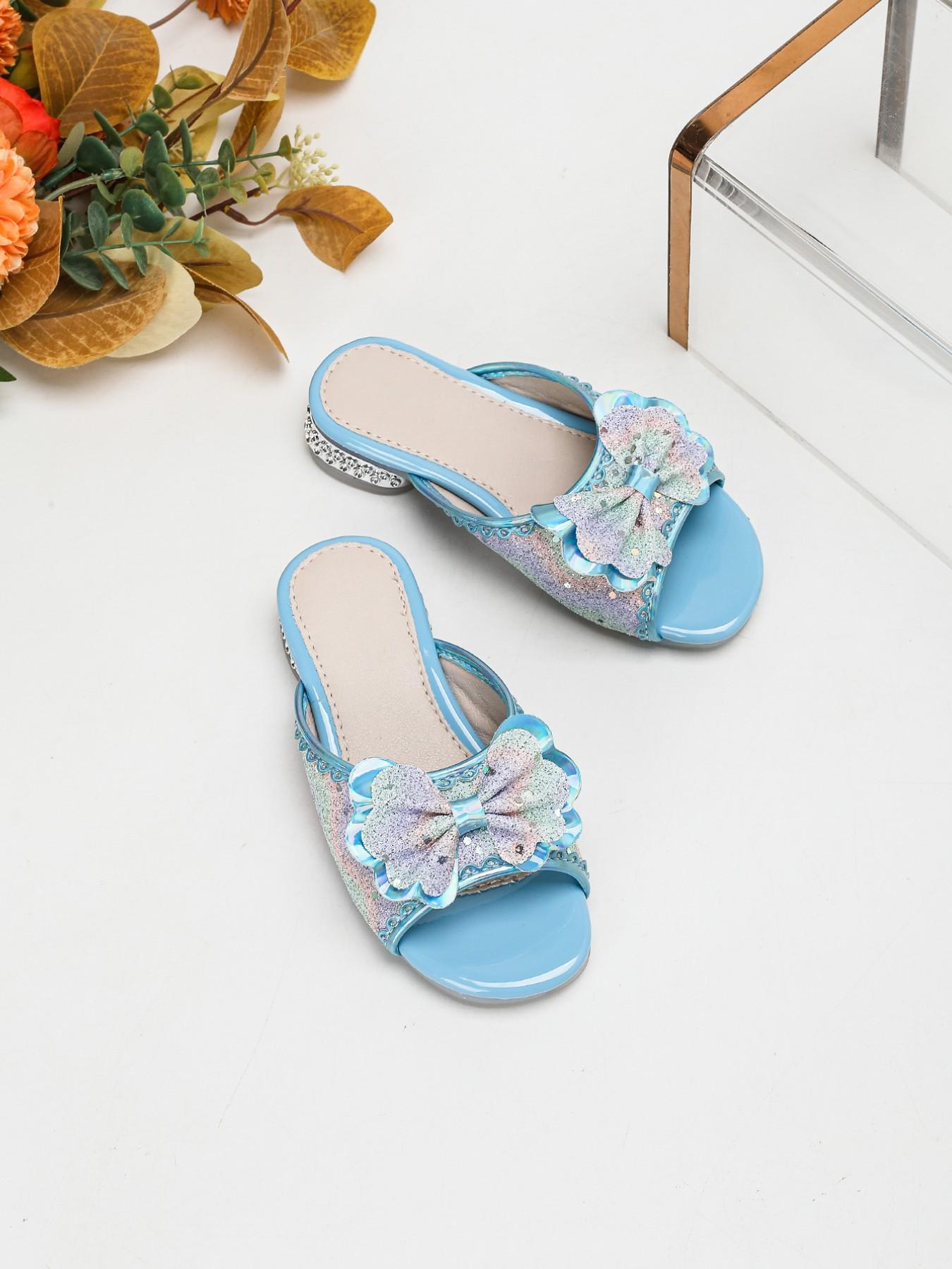 Girls' Pink/Blue Holographic Rainbow Glitter 3D Bow Decor Open Toe Soft Non-Slip Low Heel Mule Sandals | Dreamy Princess Style for Daily Wear / Performance / Banquet & Formal Occasions / Outing