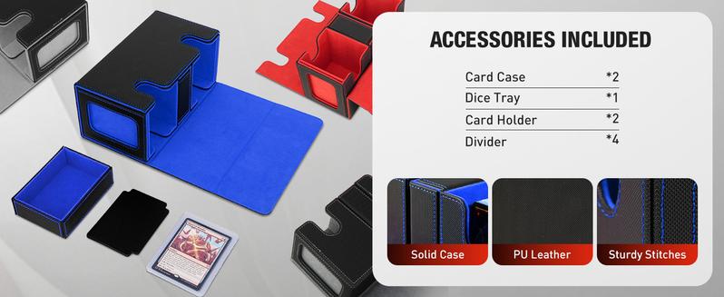 MTG Deck Box, Commander Deck Case Fits 200+ Double-Sleeved Cards, Magnetic Leather Card Storage Box with 2 Commander Display & 4Dividers & Dice Tray Fit YuGiOh TCG CCG Magic Cards, Black+Blue
