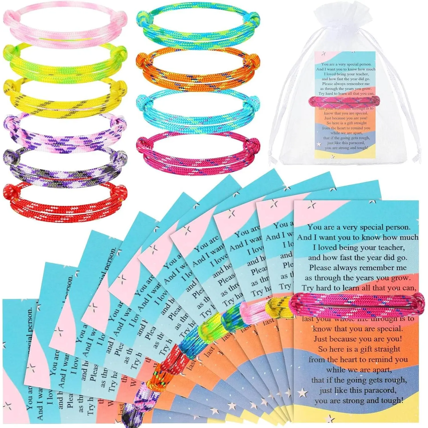 Adjustable Graduation Bracelet and Card Bulk Sets (50 Sets) - End of Year Goodbye Gifts for Students from Teachers, Bulk Set