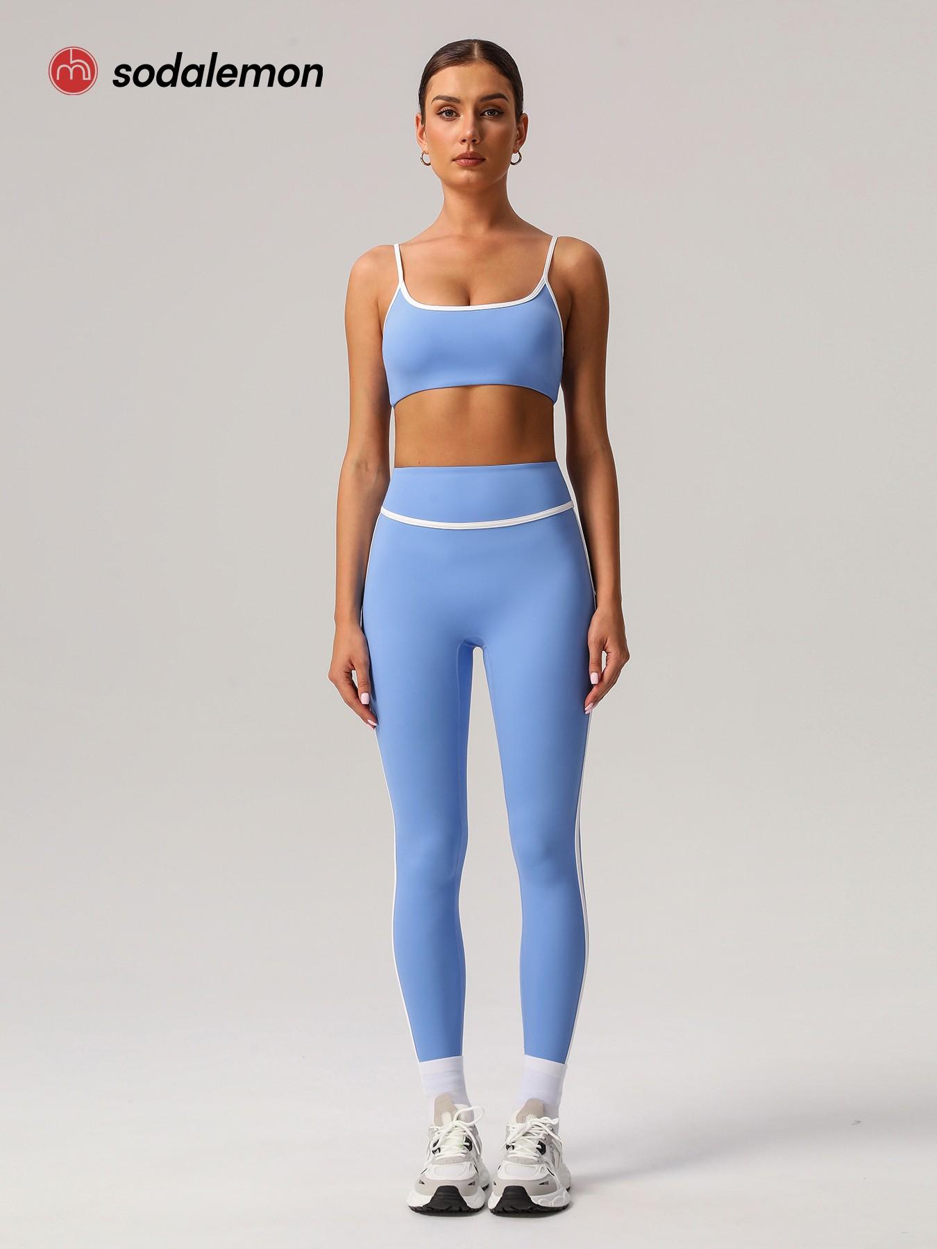 Women's Contrast Binding Crop Cami Top & High-Waist Leggings Set, Casual Sleeveless Top & Skinny Pants Two-Piece Yoga Outfits, Ladies Sportswear Workout Running Clothes for Indoor & Outdoor Wear