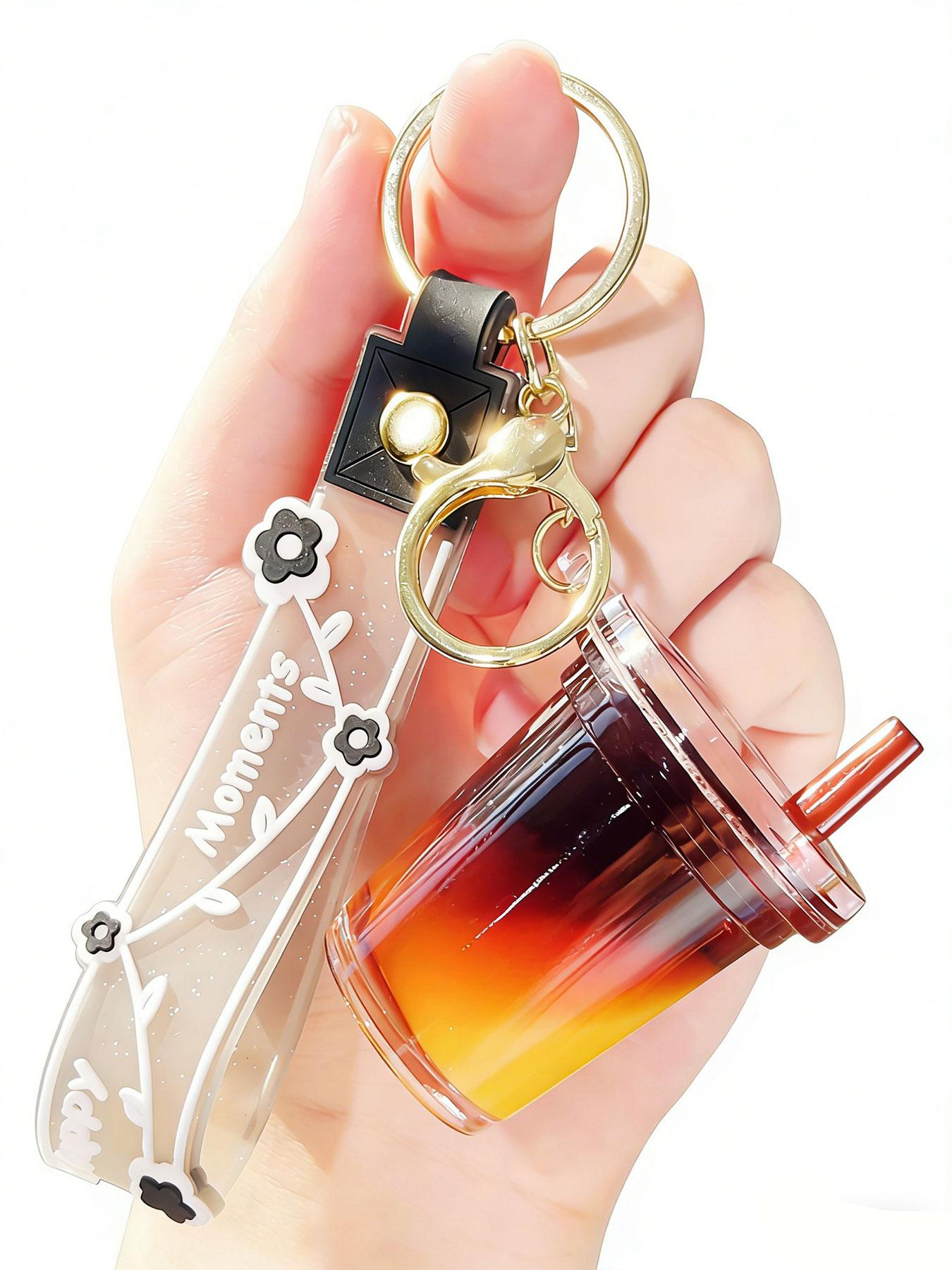 Acrylic Milk Tea Cup Keychain, Creative Liquid Sand Pendant, Lightweight Design, Perfect for Backpacks & Luggage, Cute Accessory for Photos
