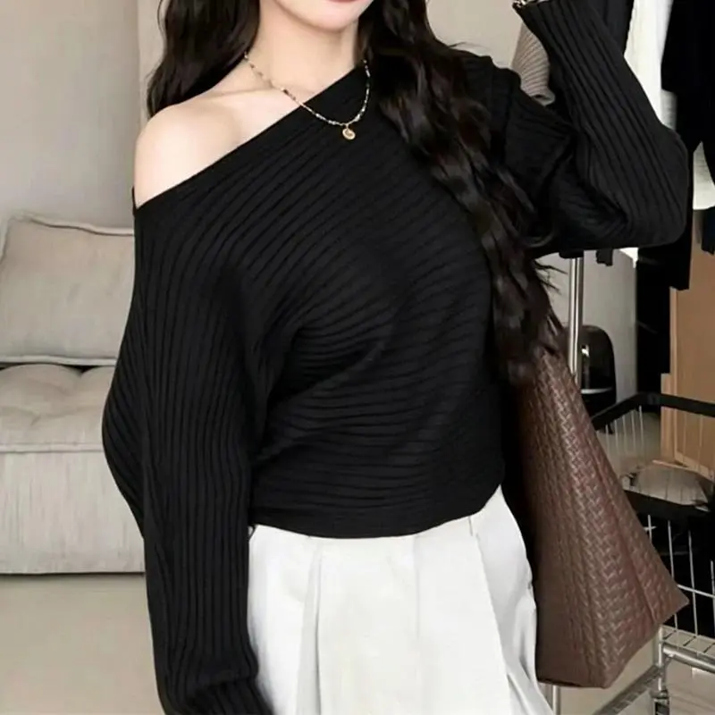 Off Shoulder Sweater Women 2026 Autumn Winter Loose Crop Pullover Cozy Ribbed Knit Off-the-Shoulder Jumper Tops