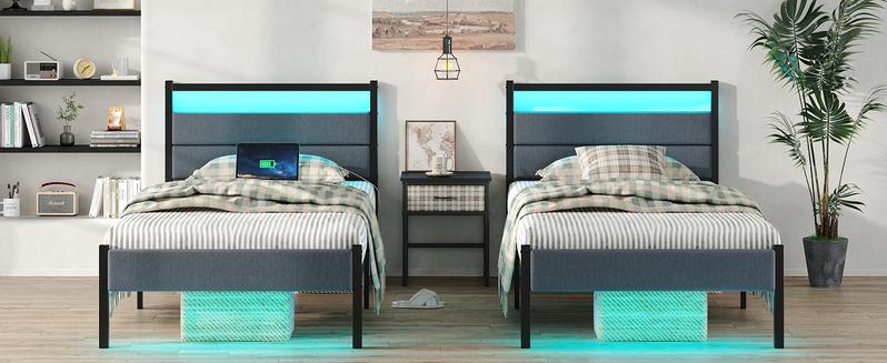 CollaredEagle Bed Frames with Charging Station, LED Lights Bed with Grey Upholstered Headboard, with Heavy Duty Slats Support, No Box Spring Needed, Noise Free, Easy Assembly.