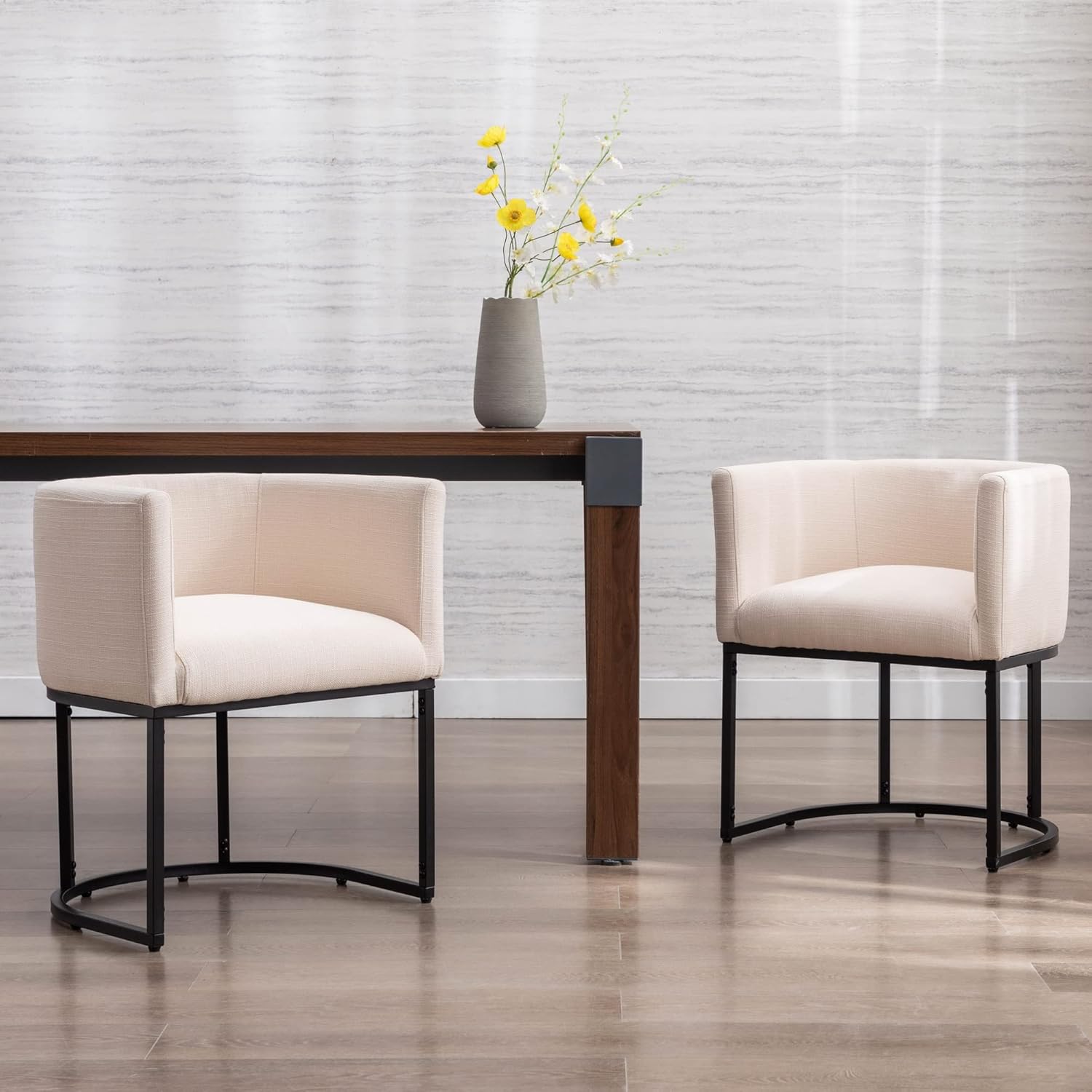 CHAIRUS Modern Dining Chairs, 20" H Kitchen Chair,Barrel Dining Chairs with Backrest and Arms, Black Metal Frames, Linen Fabric Upholstered VESCASA Dining Chairs for Kitchen, Dining room,Cream Furniture Minimal CHAIRUS Modern Dining Chairs, 20" H Kitchen Chair,Barrel Dining Chairs with Backrest and Arms, Black Metal Frames, Linen Fabric Upholstered VESCASA Dining Chairs for Kitchen, Dining room,Cream Furniture Minimal