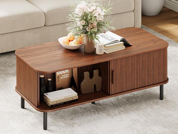 【Valentine's Day gift】ONBRILL Fluted Coffee Table with Storage, 47.2" Mid Century Modern Coffee Tables for Living Room, Rectangle Wood Center Table with Sliding Tambour Door & Adjustable Leg for Living Room,Bedroom Furniture