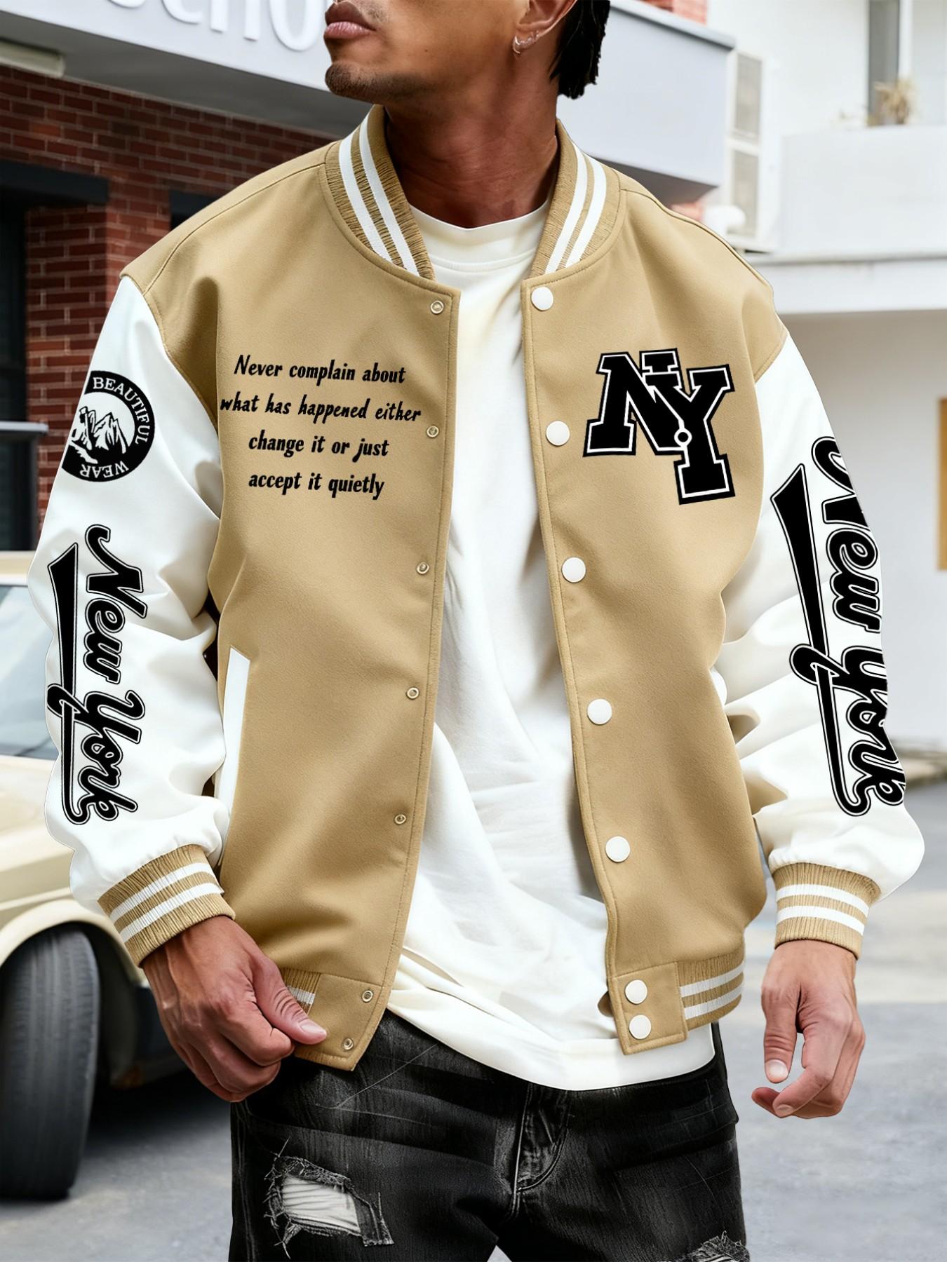 Trendy Baseball Jacket New York Style with Ny Letter Design, Colorblock Sleeves, Button Closure, Fitted Outerwear for All Seasons