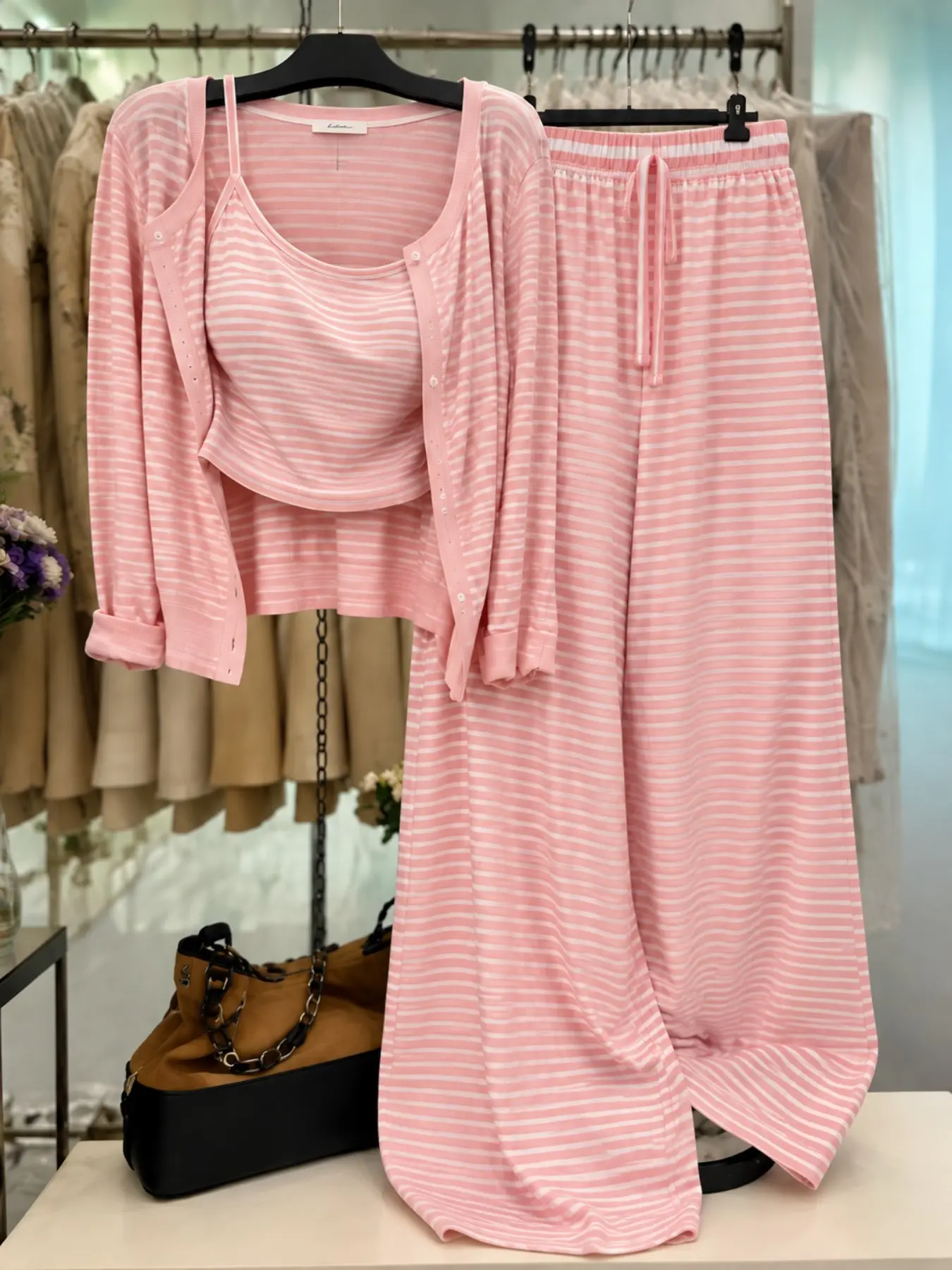 Women's 3 Piece Lounge Set Pajama Set with Long Sleeve Cardigan, Cami Tank Top and Drawstring Wide Leg Pants, Soft Comfortable Sleepwear for All Seasons