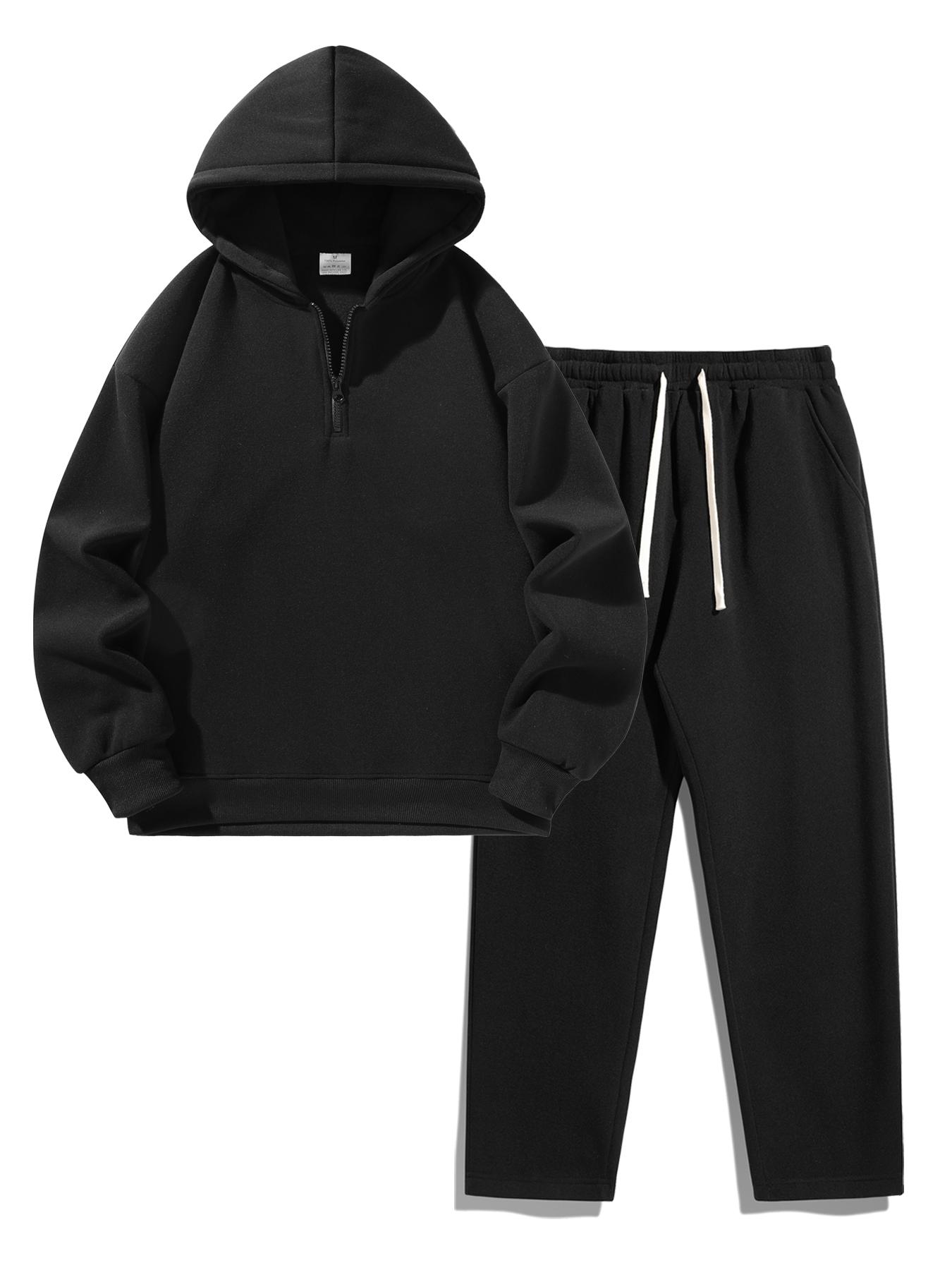 Men's Plain Two-piece Sweatsuit Set, Basic Regular Fit Casual Drop Shoulder Half Zip Long Sleeves Hoodie & Pocket Drawstring Elastic Sweatpants, Men's Clothing