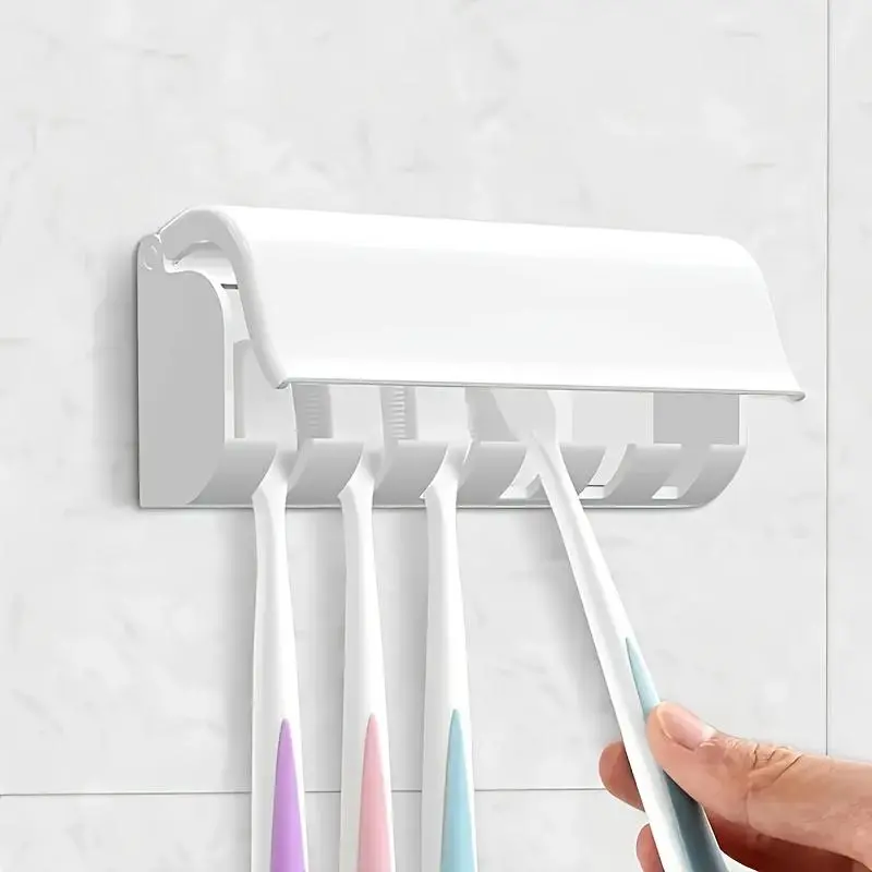 A Single 6-Slot Toothbrush Holder with a Lid, Featuring Self-Adhesive Backing for Wall Mounting, Ideal for Storing Toothbrushes in Bathrooms, Dorms, And Showers. It Can Hold Up to 6 Toothbrushes, Requires No Power