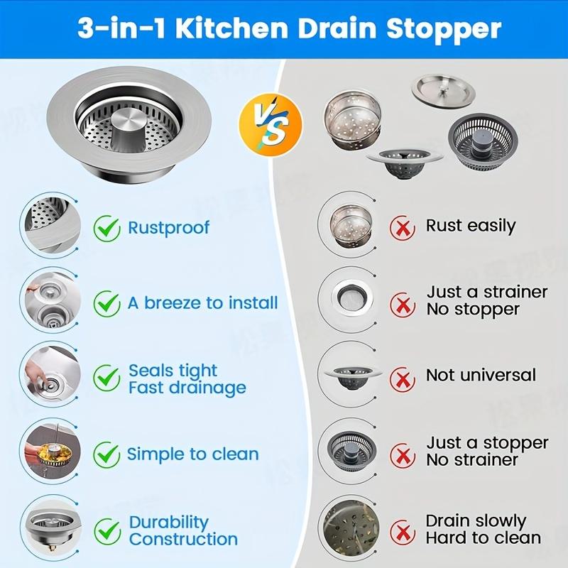 3-in-1 Kitchen Sink Drain Strainer,Stainless Steel Sink Plug, Deodorizing Anti-ClogBasket Strainer for US Standard 3-1/2 Inch Drains Home Goods stainless steel sink strainer stoppe 4 sus304 anti-clogging basket anti-clog