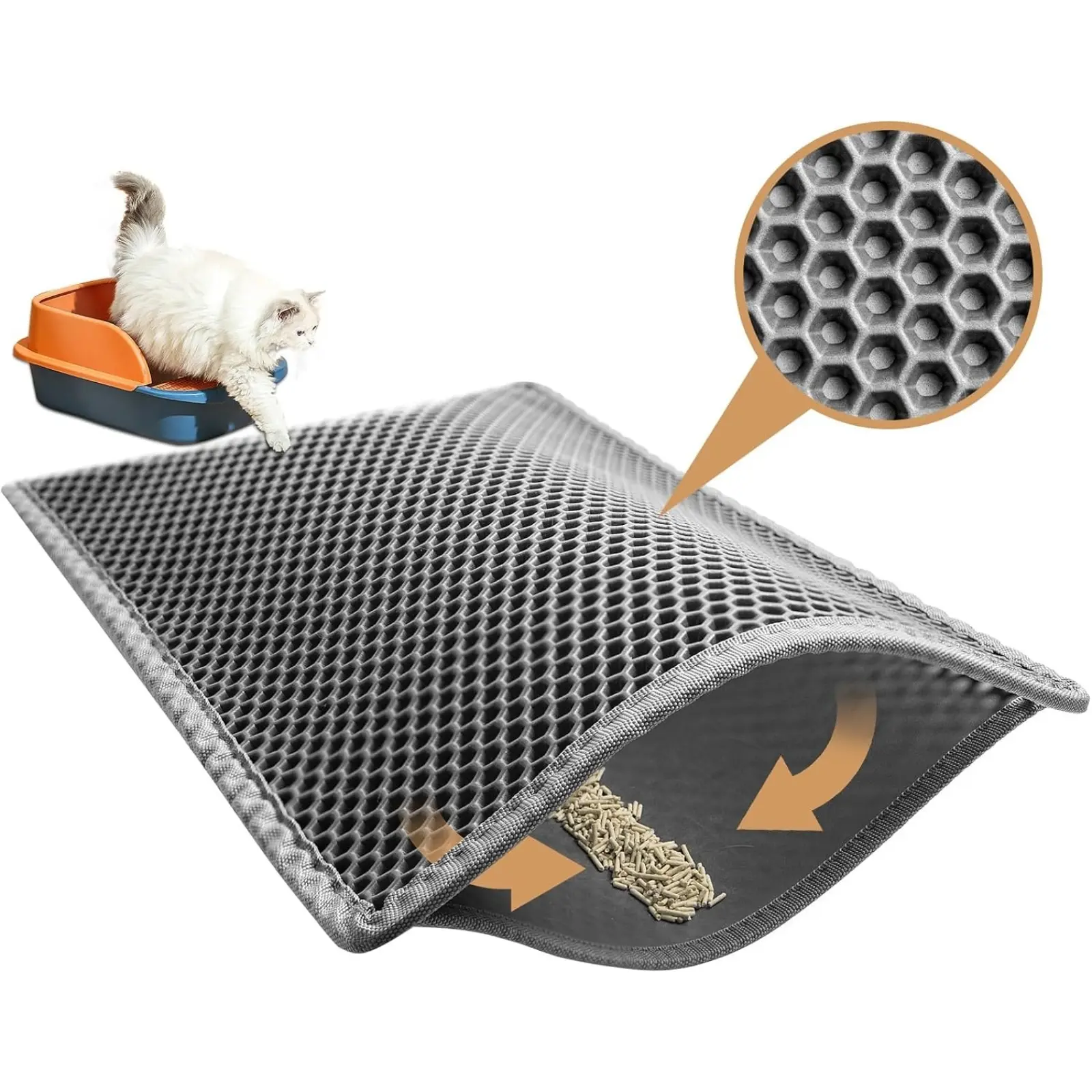 24×15 Inch Gray Double Layer Honeycomb Cat Litter Mat, Large Holes Design Washable Kitty Litter Tray Pad, Soft On Cat Paws, Effectively Catch Scattered Litter (1 Pack)