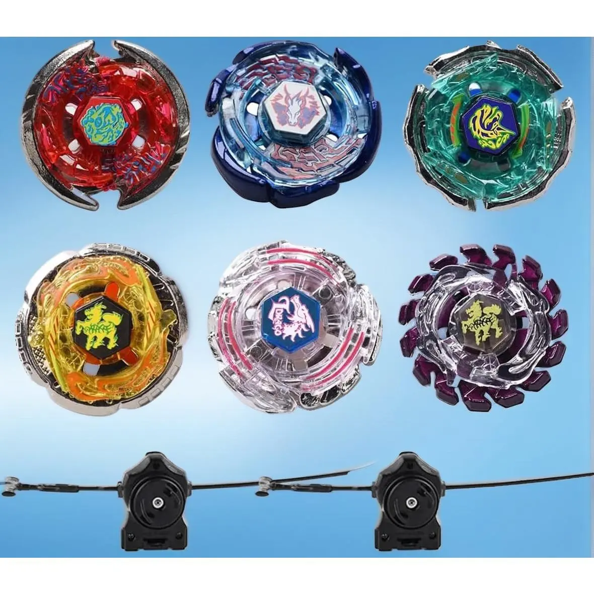 6 Pack Bey Burst Battling Tops Metal Fusion Starter Set with Stickers Two Launchers