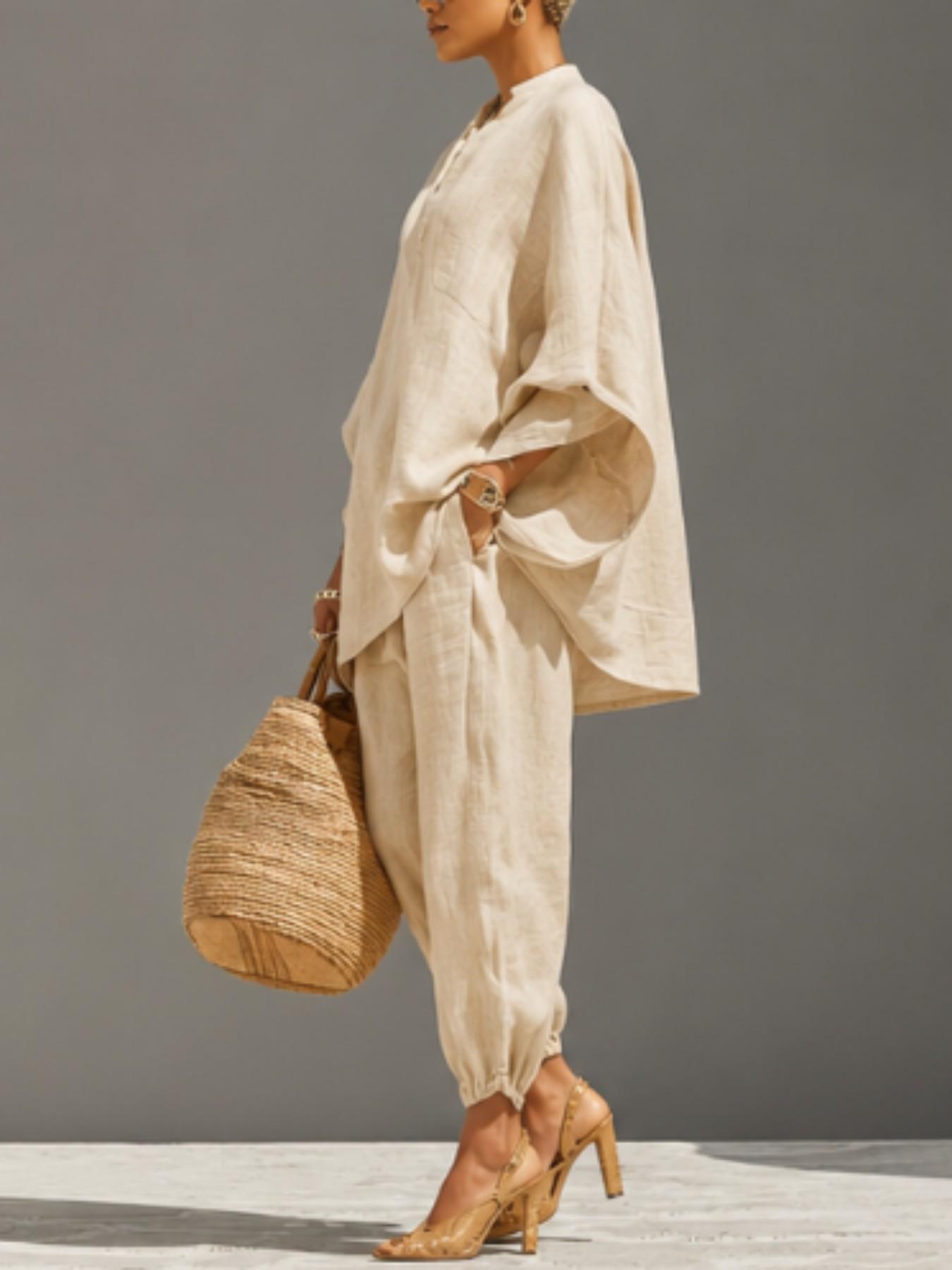 Women's Summer Loose Fit Solid Linen Deep V Neck Batwing Sleeve Pants Set, Casual Long Length, Comfortable Daily Wear, Multiple Colors Available Women's Summer Loose Fit Solid Linen Deep V Neck Batwing Sleeve Pants Set, Casual Long Length, Comfortable Daily Wear, Multiple Colors Available