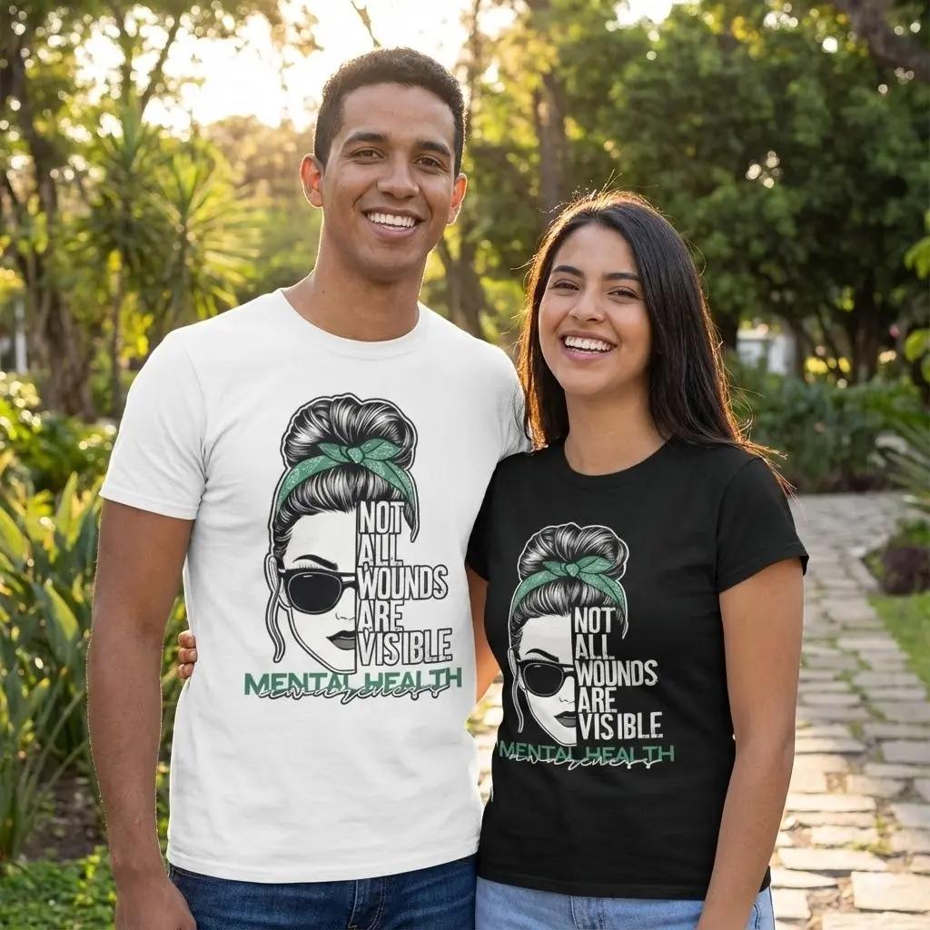 Fashion Designer TShirts with Mental Health Awareness Graphic Tee Not All Wounds Are Visible Casual Fitted Cotton Crewneck T-Shirt for Men Women All Seasons Wear Machine Washable Unisex Top