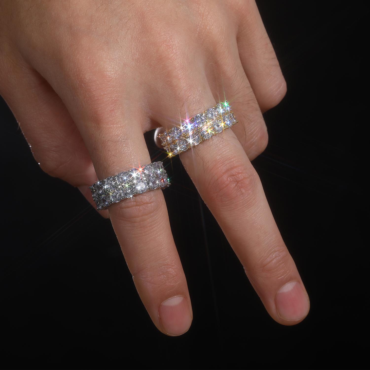 【#R34 】UCCIYO 2 Row VVS Synthetic Moissanite Tennis Rings For Women Men Shining Engagement Wedding Hip Hop Fine Jewelry 925 Sterling Silver Ring