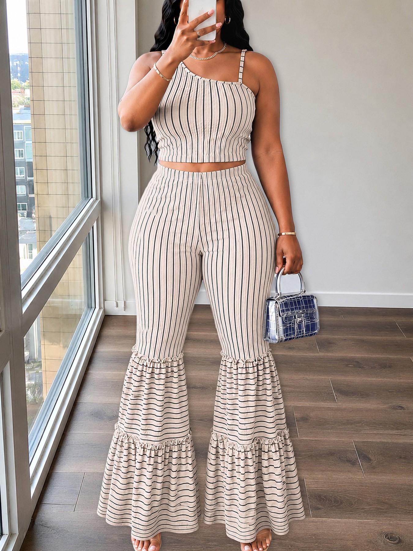 Women's Summer Striped Two-Piece Set, Lightweight Sleeveless Top and Ruffled Bell Bottom Pants, Chic Outfit for Casual Wear, Summer Vacation and Street Style