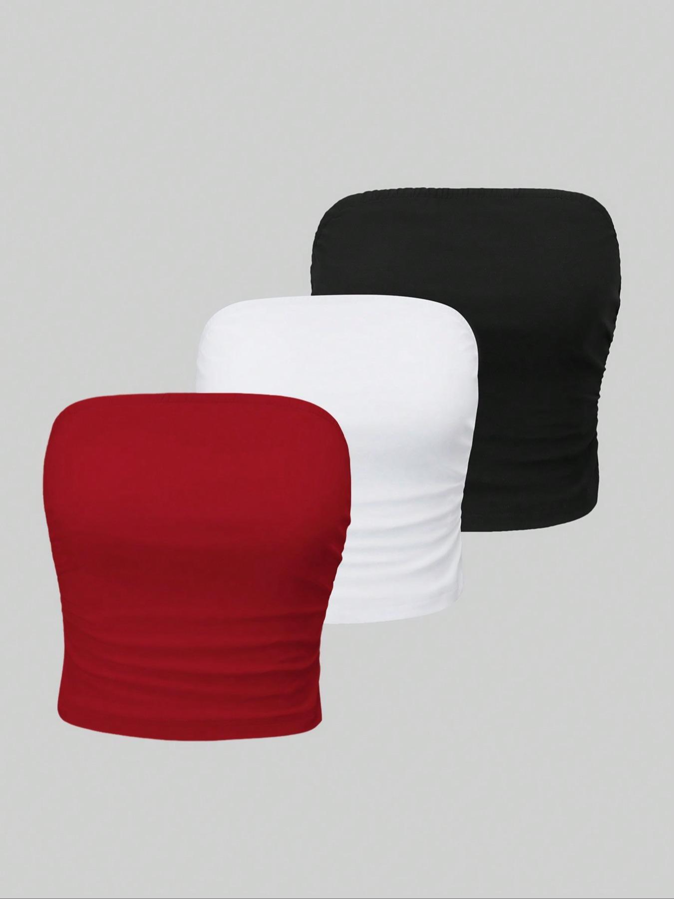 Women's Solid Ruched Crop Tube Top, Summer Clothes Women, Casual Basic Fitted Strapless Top for Summer, Women's Clothes for Daily Wear