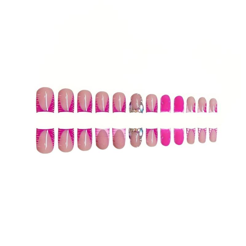 24pcs Medium Duck Bill Nail Art Set, Rose Color, Striped & Rhinestone Decorations, Glossy Finish, Easy to Apply, for All Girls & Ladies, Stylish Acrylic Nails