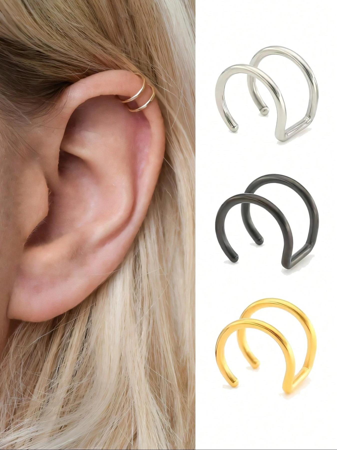 Stainless Steel Women's Fake Ear Cuffs, Golden/Silvery/Black, No Piercing Needed, Daily Wear Jewelry for Men & Women Earcuff