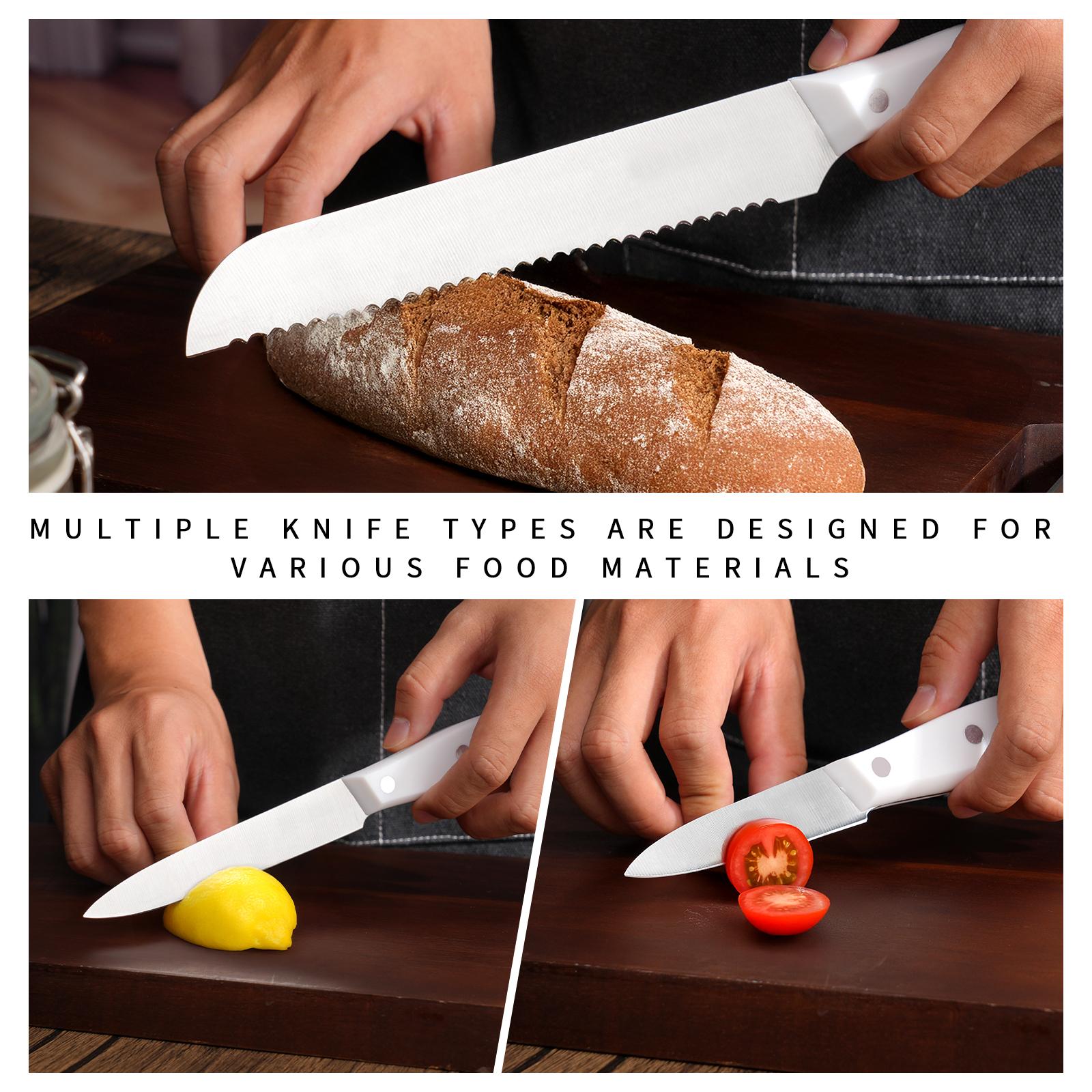 15 Pieces, Kitchen Knife Set, Solid Wooden Knife Holder, Plastic Knife Holder, Chef's Knife, Japanese Knife, Meat Knife, Bread Knife, Steak Knife, Fruit Knife, Scissors, Meat and Vegetable Cutter,  Gift Set Kitchenware Sturdy Stylish Stainless Steel