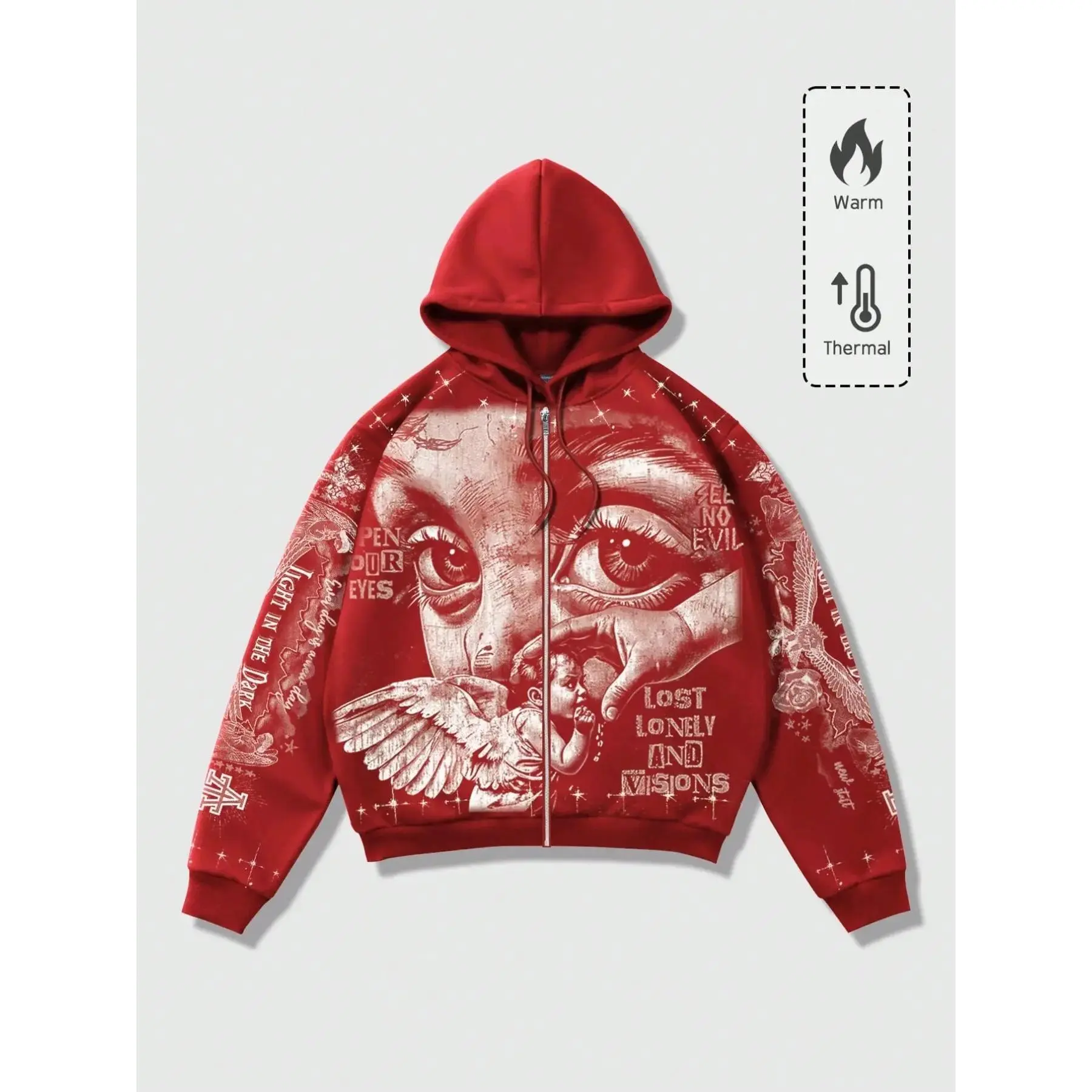 Men's Y2K Retro Streetwear Hoodie, Casual Oversized Loose-Fit Jacket, Angel Wings Graffiti Print, Red, Zip-Up Sweatshirt, Dark Fashion, Trendy Graphic Hoodies, Hooded Top