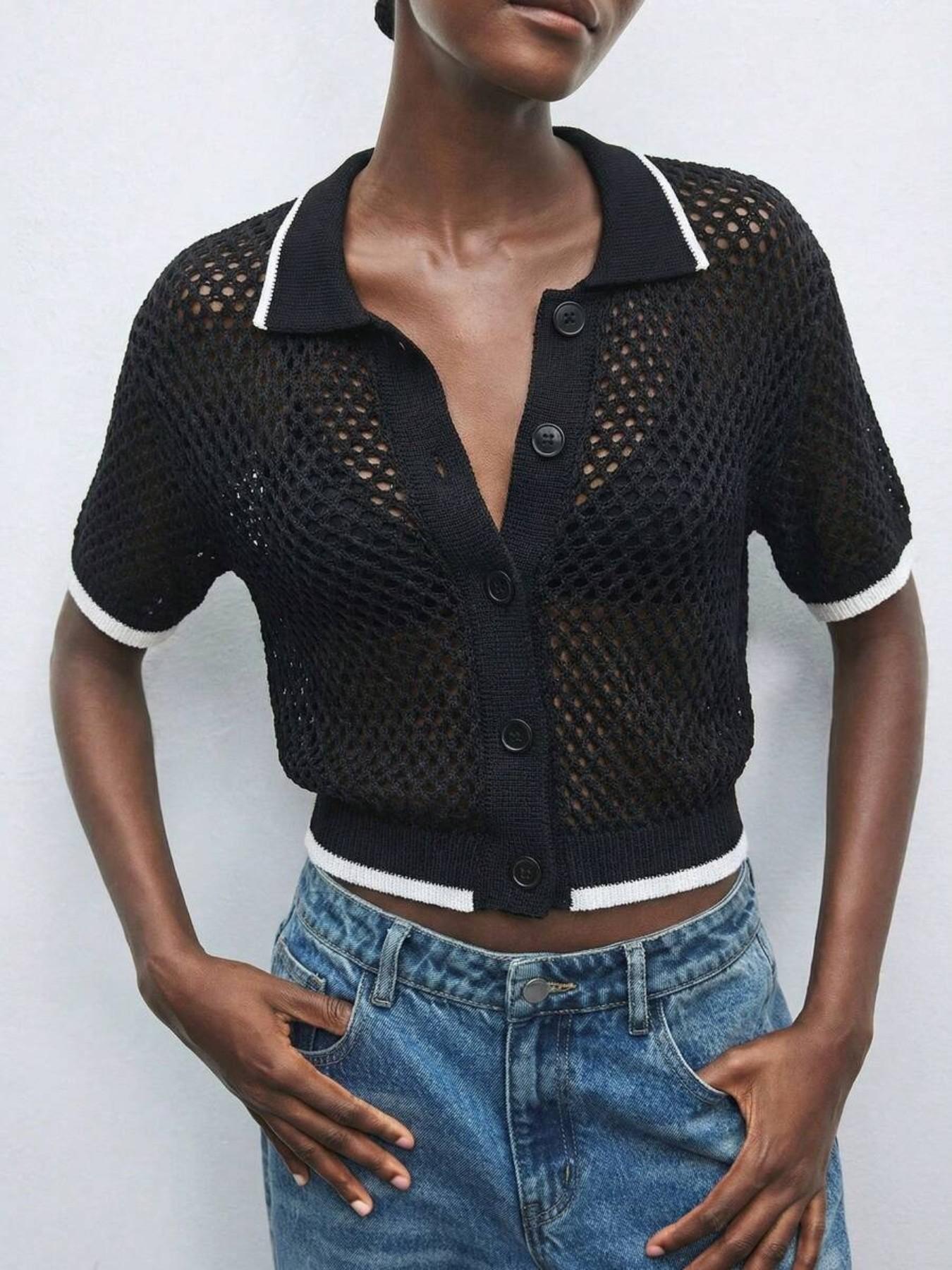 New Hollow-Out Knitwear, Women's Color-Block Short Sleeve Sweater, Elegant and Comfortable Polo Neck Top, Versatile Casual Wear