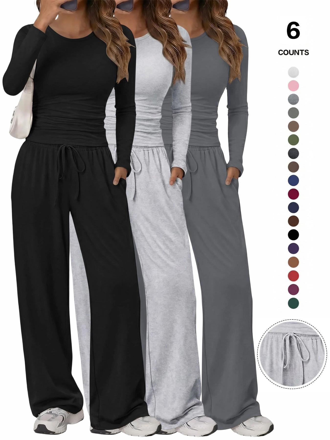 Women's Solid Ruched Drawstring Loungewear Set, Casual Long Sleeve Round Neck Top & Pocket Wide Leg Trousers, Ladies Sleepwear for All Seasons