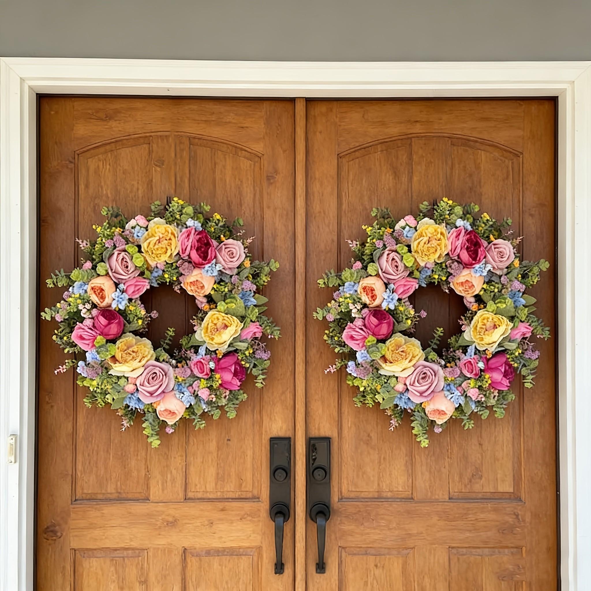 Spring Summer Artificial Flower Wreath, Mixed Rose Peony Dual Door Wreath, Handmade All-Season Wreath, Home Wedding Party Decor