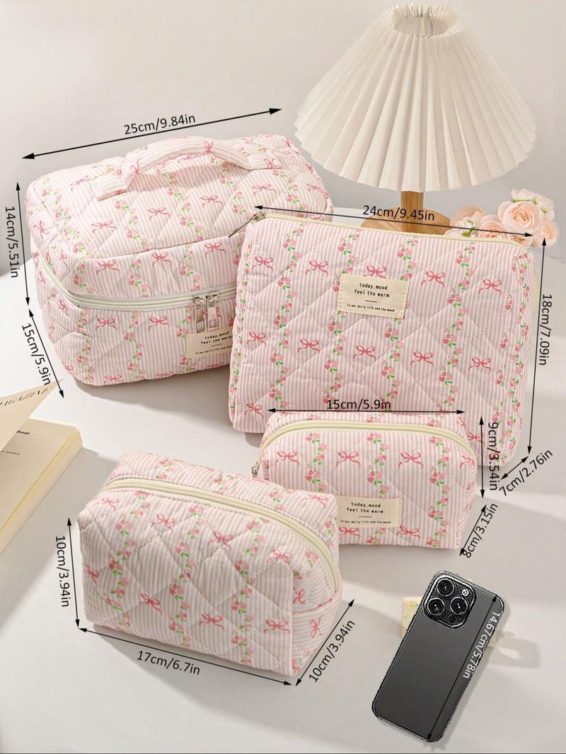 Striped & Floral Pattern Quilted Makeup Bag Set, 1 Set/ Large Capacity Portable Makeup Bag, Travel Essential Makeup Bag, Daily Makeup Bag, Makeup Storage Bag, Travel Cosmetic Bags