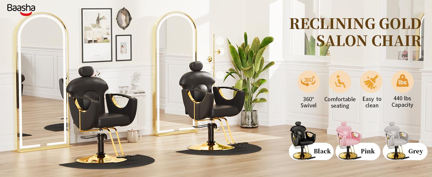 Baasha Reclining Hair Salon Chair, All Purpose Gold Salon Chair for Hair Stylist, Tattoo Chair, Weight Capacity 330 lbs