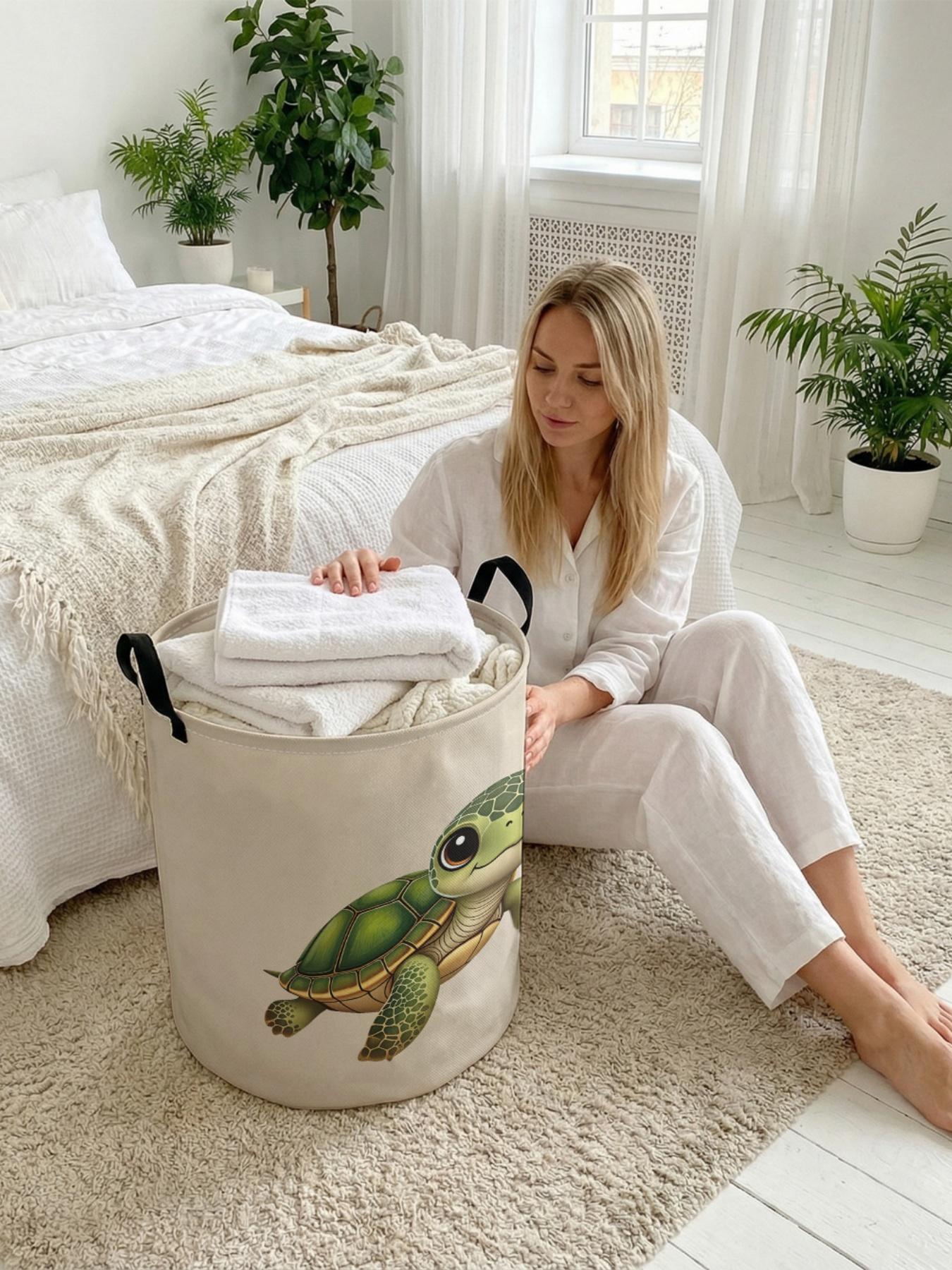 1 piece of cute turtle pattern 2D printed open storage box, double handle reinforcement + foldable storage | dirty laundry storage/toy organization/home decoration all-in-one