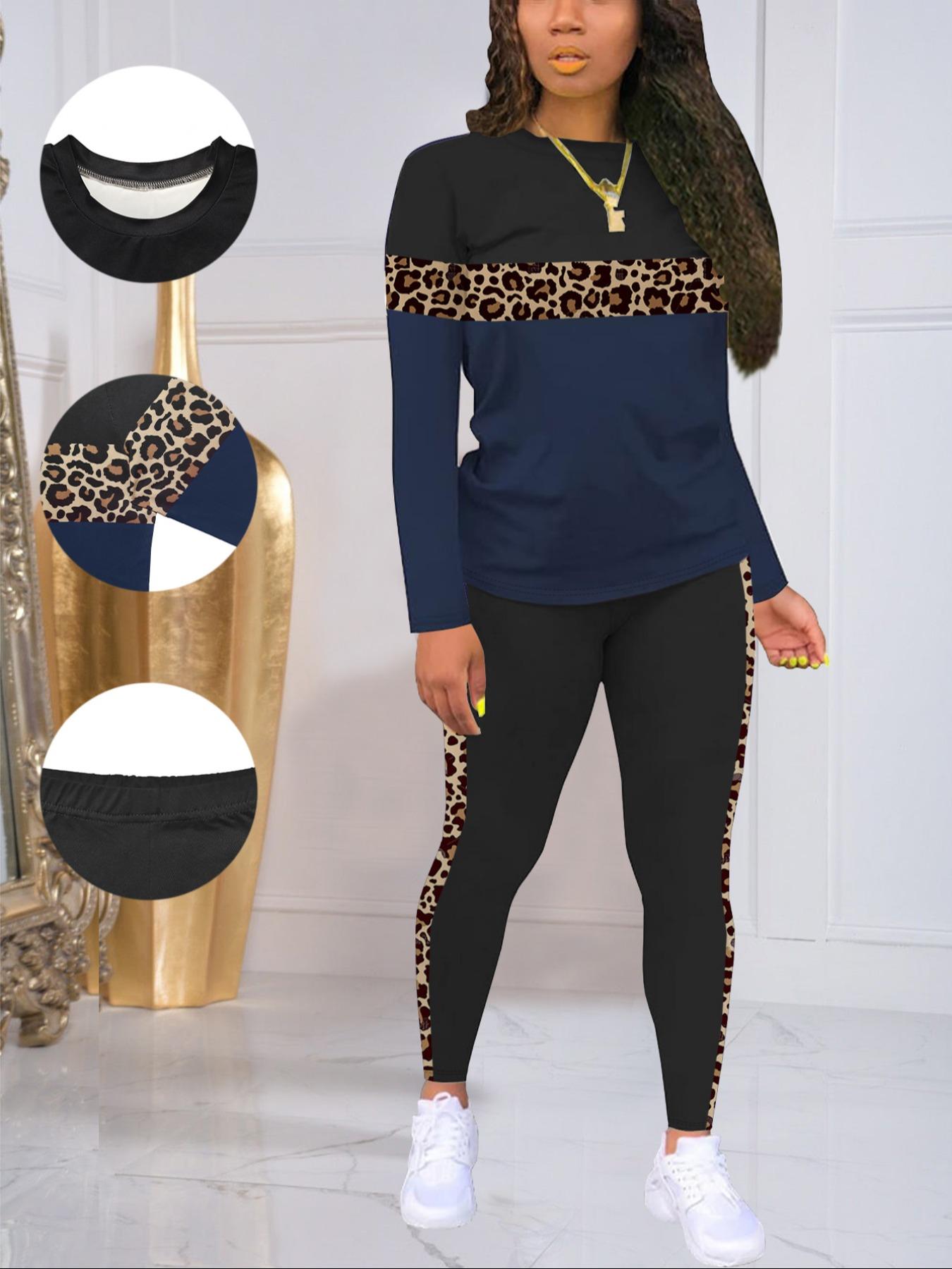 2 Piece Women's Long Sleeve Top & Pants Set for Winter, Leopard Patchwork Home Party Leisure Wear